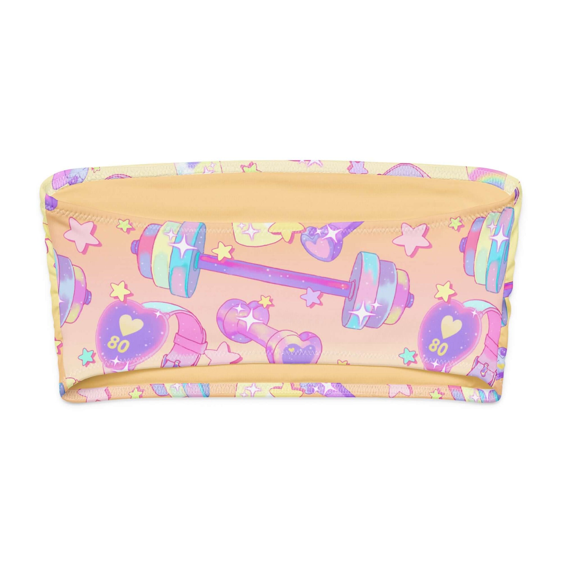 Colorful glittery bandeau bikini top with dumbbell and star patterns, perfect for summer fun!