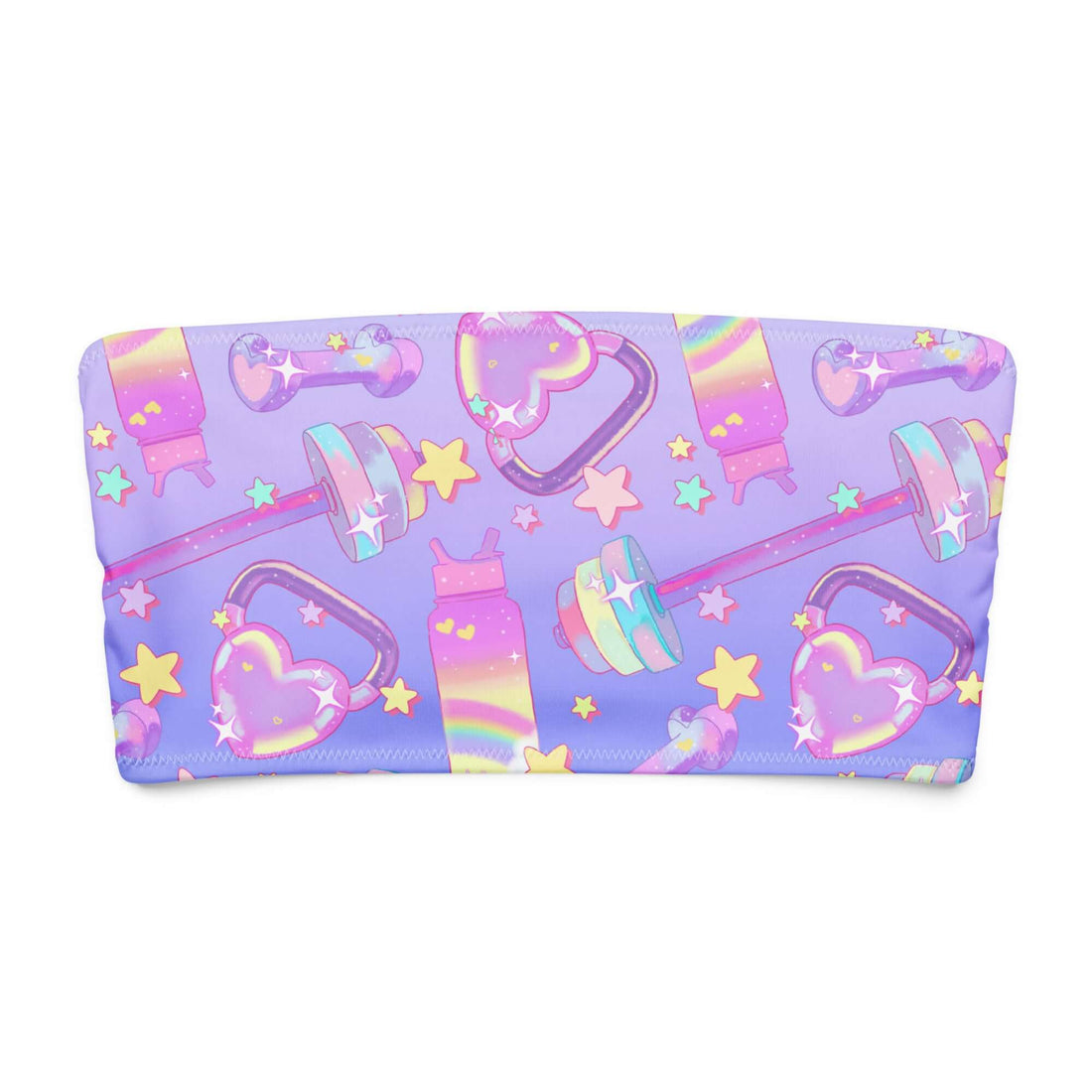 Colorful bandeau bikini top with pastel weights, stars, and hearts, perfect for fun summer vibes.