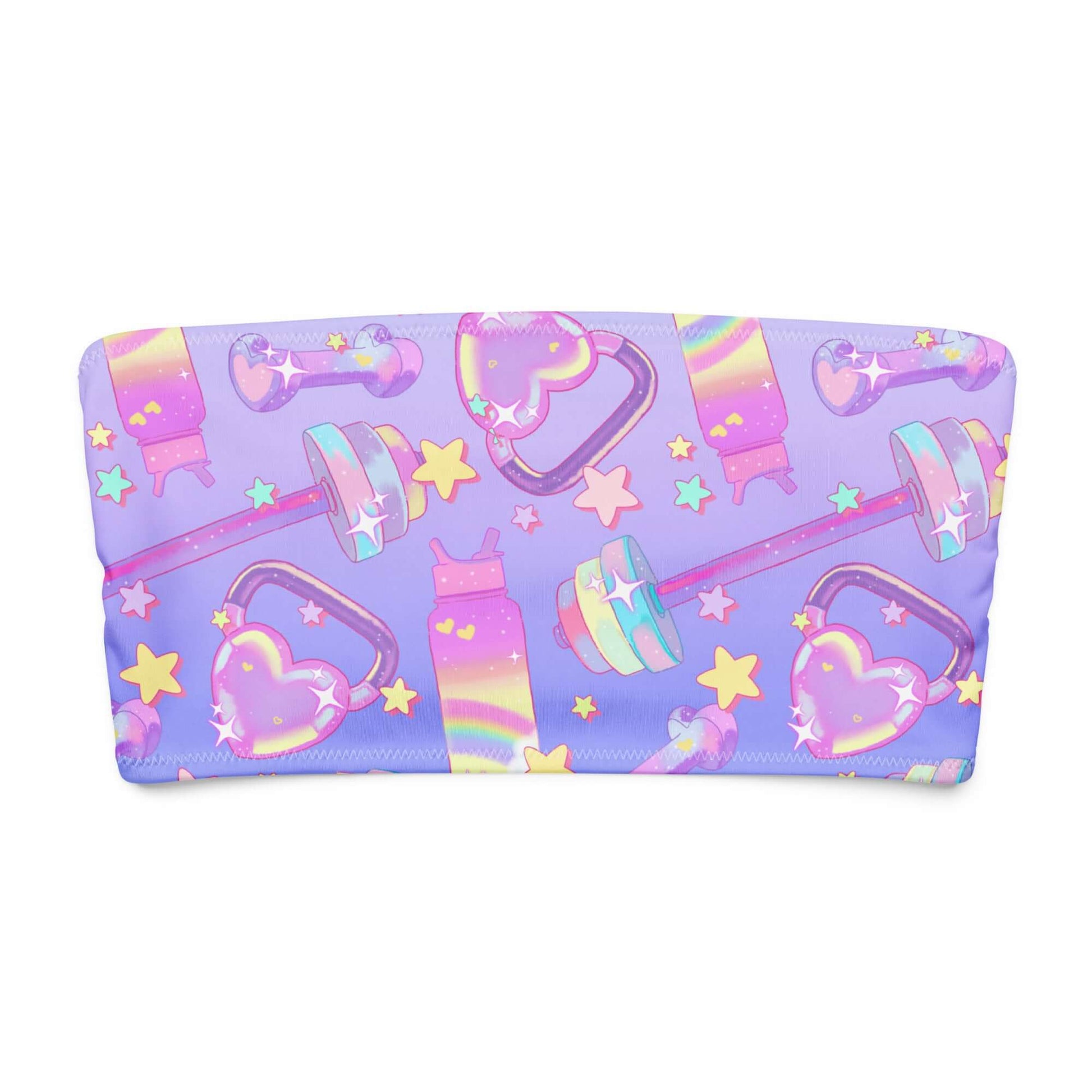 Colorful bandeau bikini top with pastel weights, stars, and hearts, perfect for fun summer vibes.