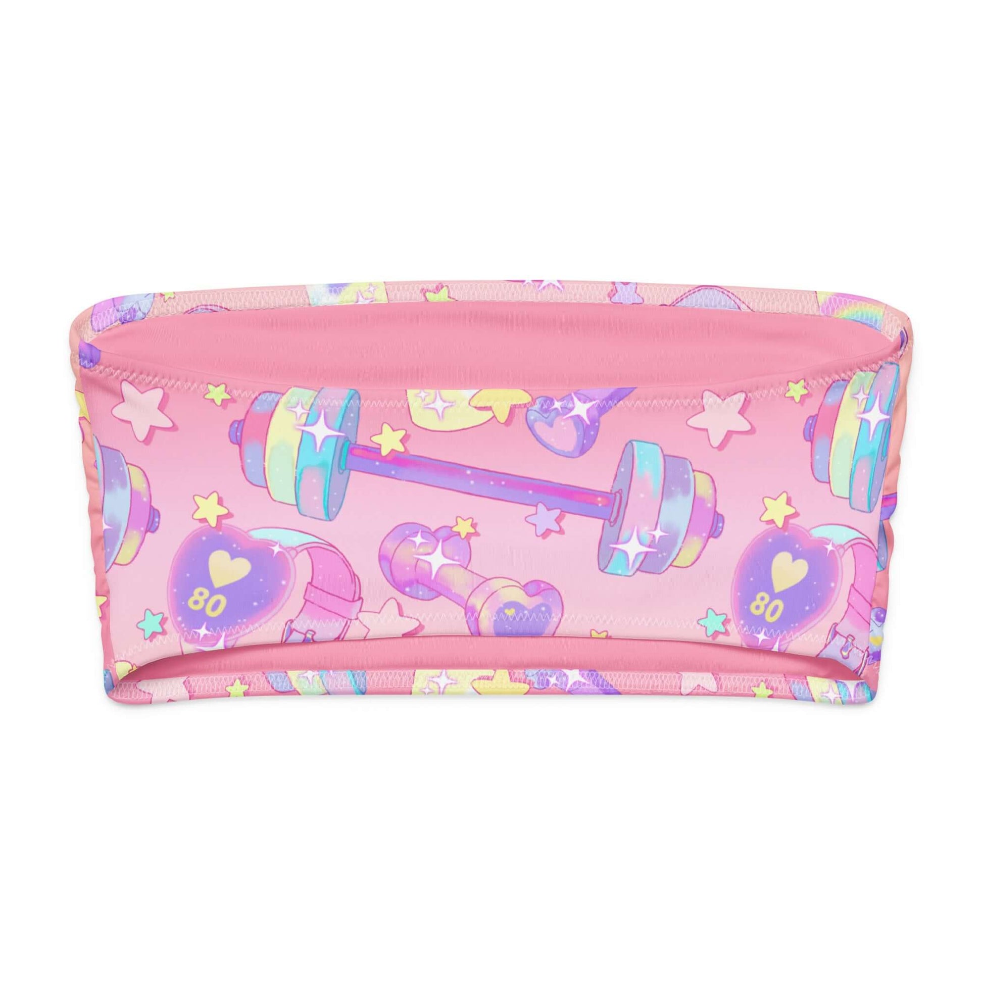 Glitter Gains bandeau bikini top in pink with colorful dumbbell and heart print, perfect for stylish tanning and lounging.