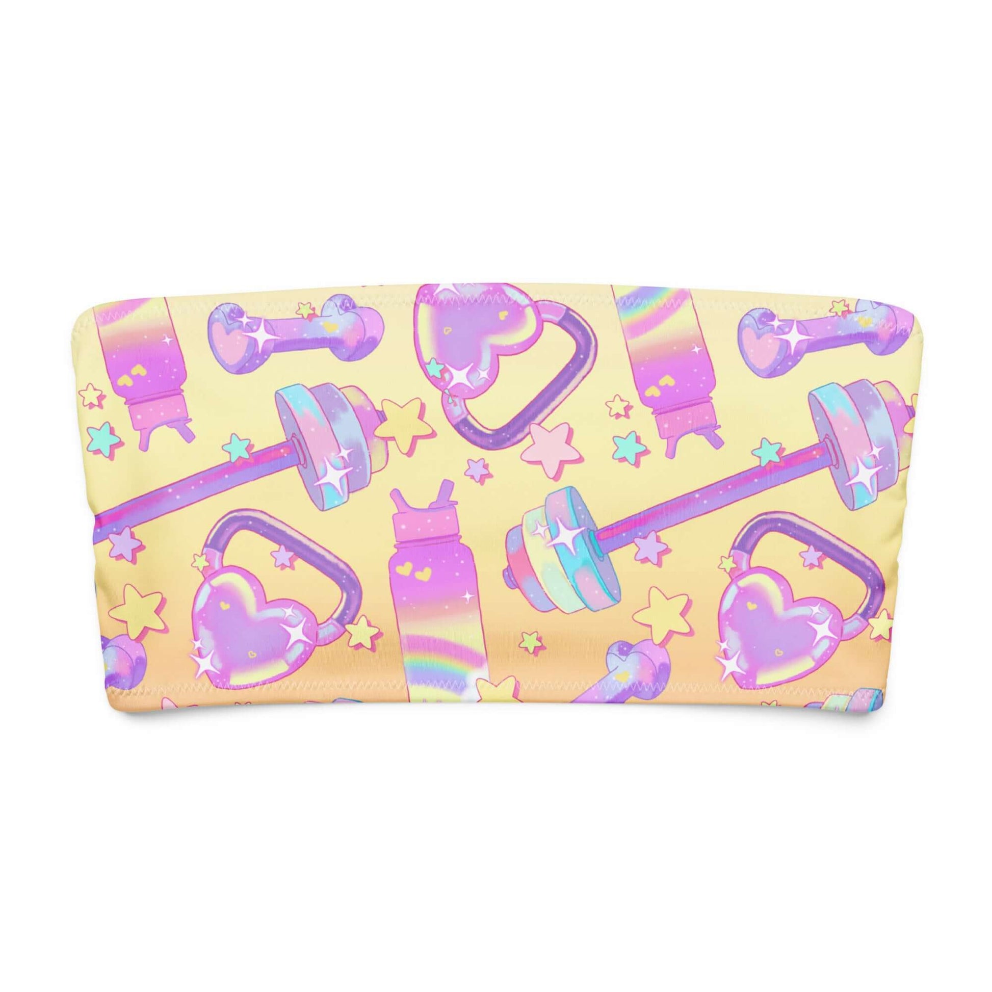 Colorful bandeau bikini top featuring weights and stars, perfect for stylish beach lounging.