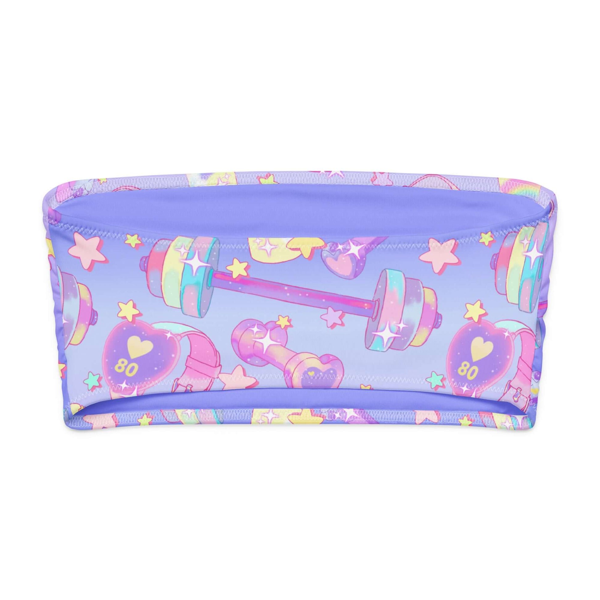Colorful bandeau bikini top with dumbbells and stars, ideal for beach days and workouts.
