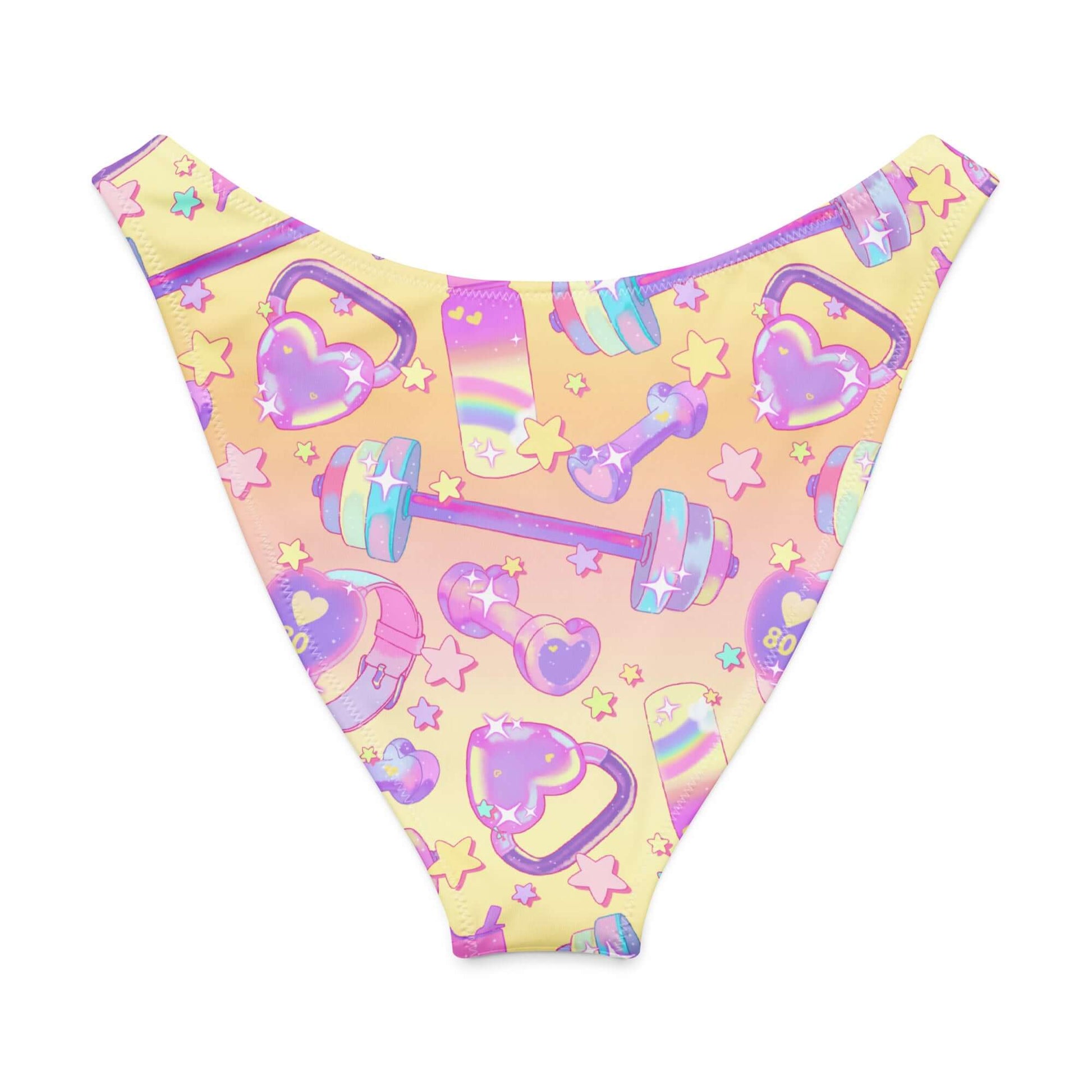 Glitter Gains V-cut bikini bottom featuring playful pastel weights and hearts on a sunny backdrop.