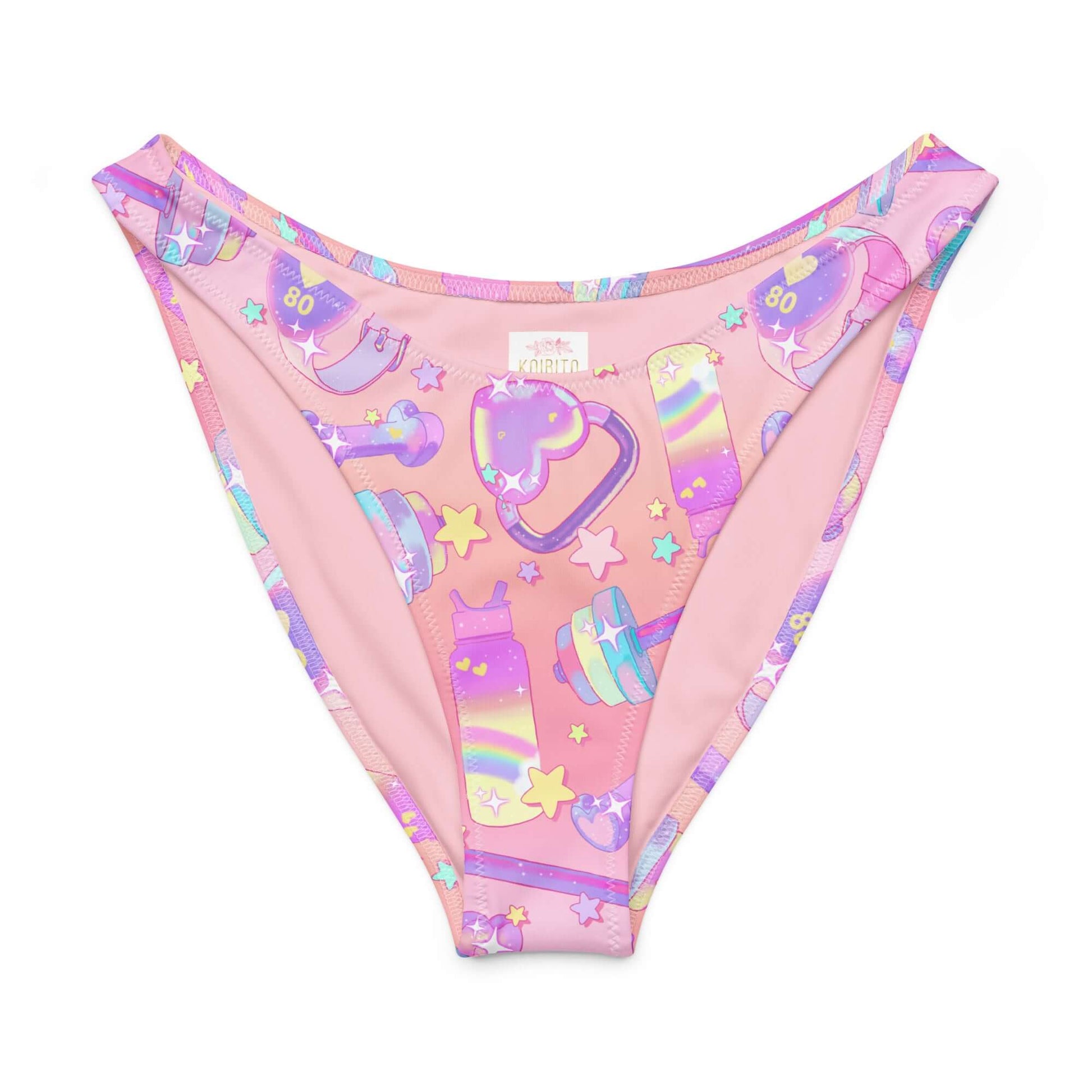 Glitter Gains V-cut bikini bottom in pastel pink with fun animated prints, perfect for sunny beach days.