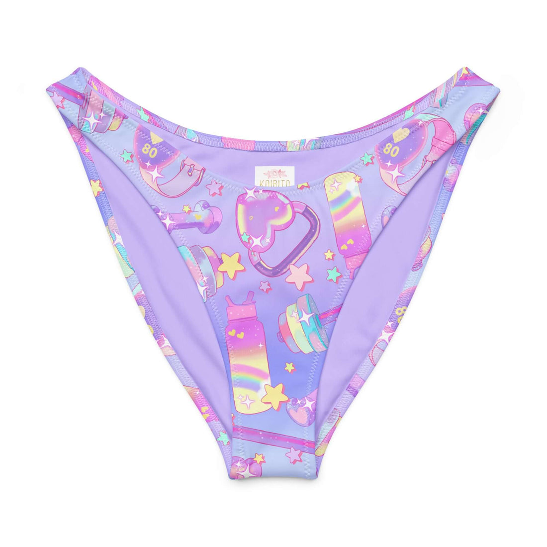 V-cut bikini bottom in playful lavender with colorful patterns and high-leg cut for a trendy summer look.