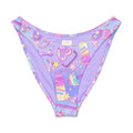 V-cut bikini bottom in playful lavender with colorful patterns and high-leg cut for a trendy summer look.