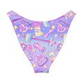 Playful purple V-cut bikini bottom with weights and stars pattern, perfect for sunny beach days.