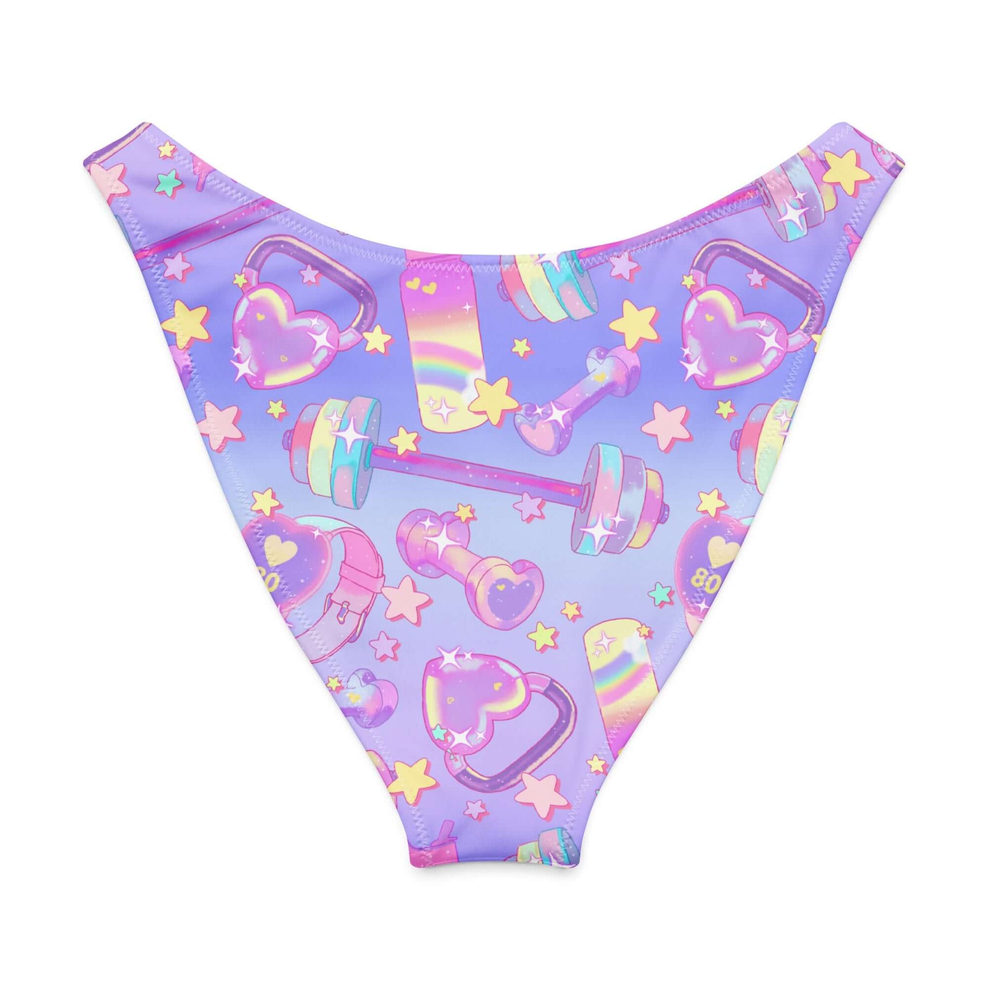 Playful purple V-cut bikini bottom with weights and stars pattern, perfect for sunny beach days.