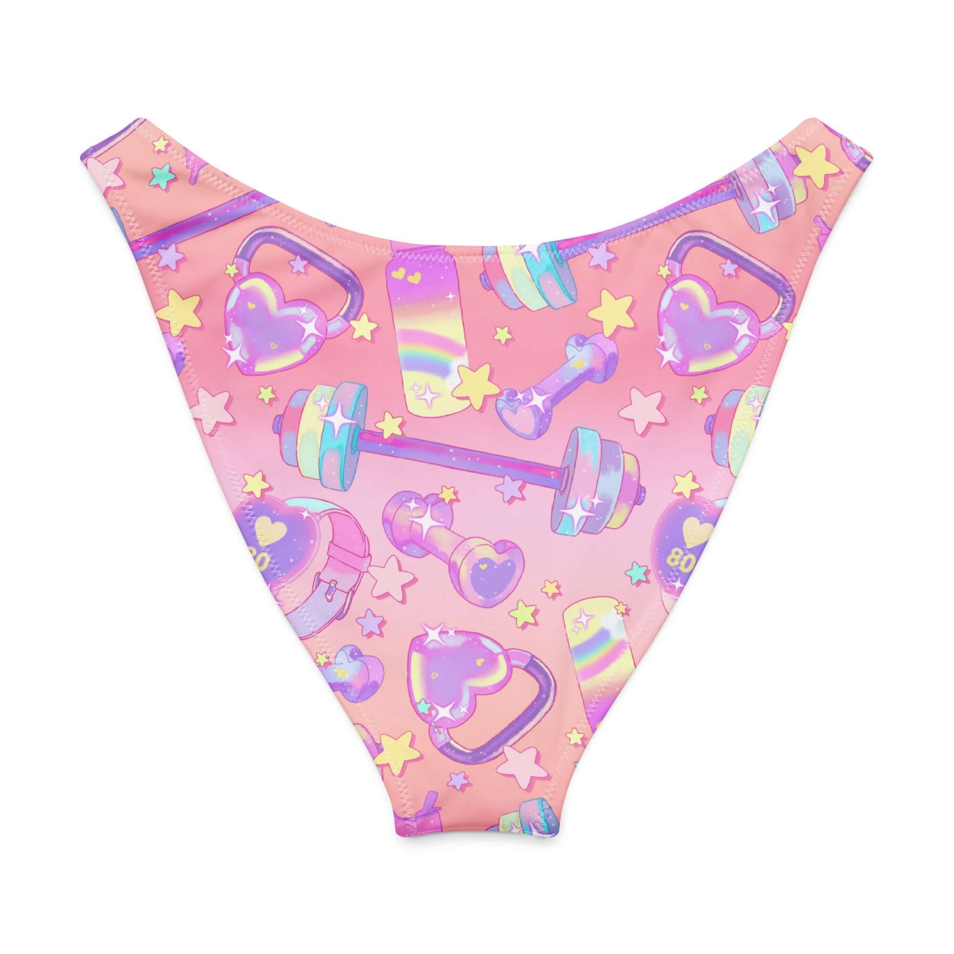V-cut bikini bottom with colorful weights and stars pattern in vibrant pink tones, perfect for sunny beach days.