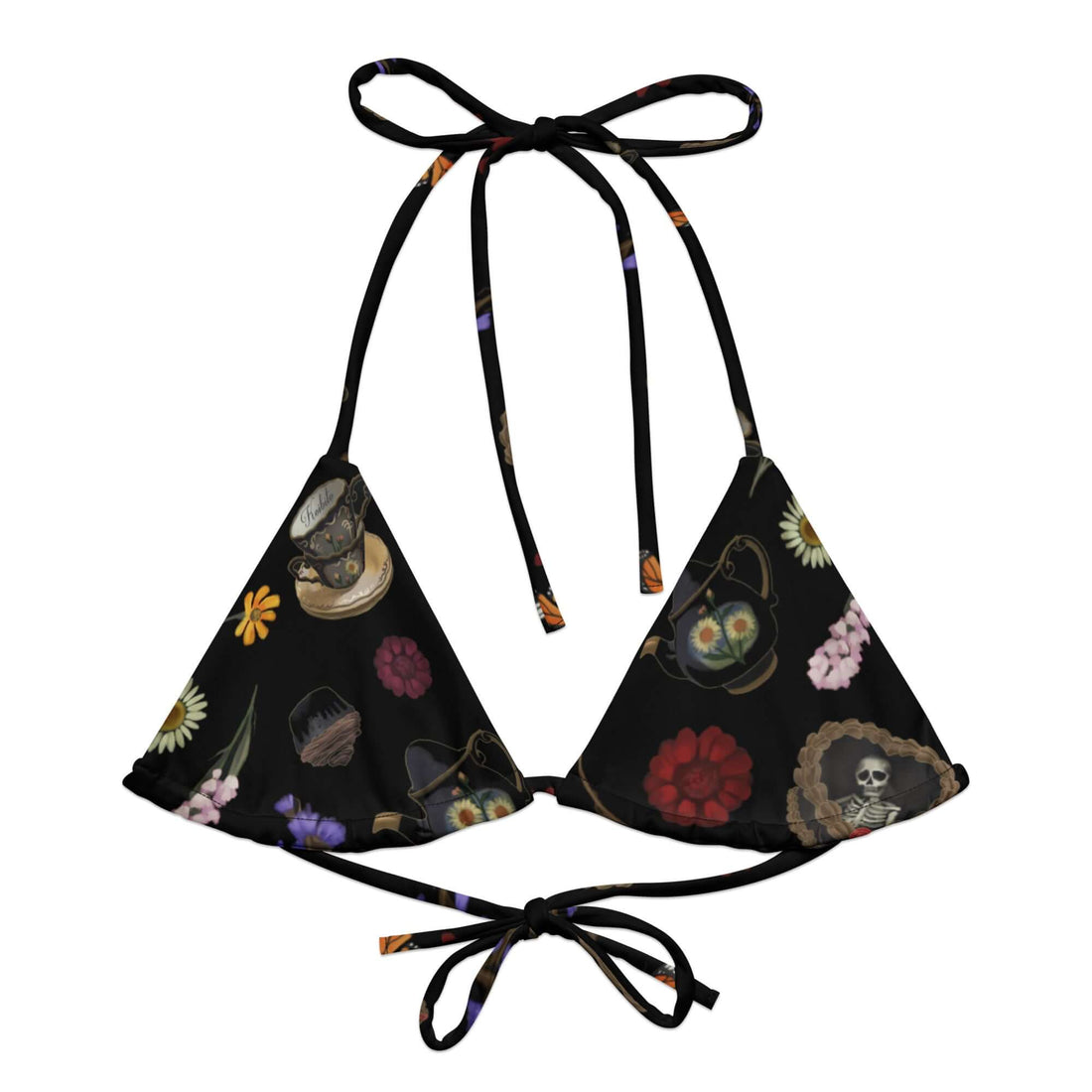 Gothic Tea Time Padded String Bikini Top featuring floral and skull designs, perfect for eco-friendly summer vibes.