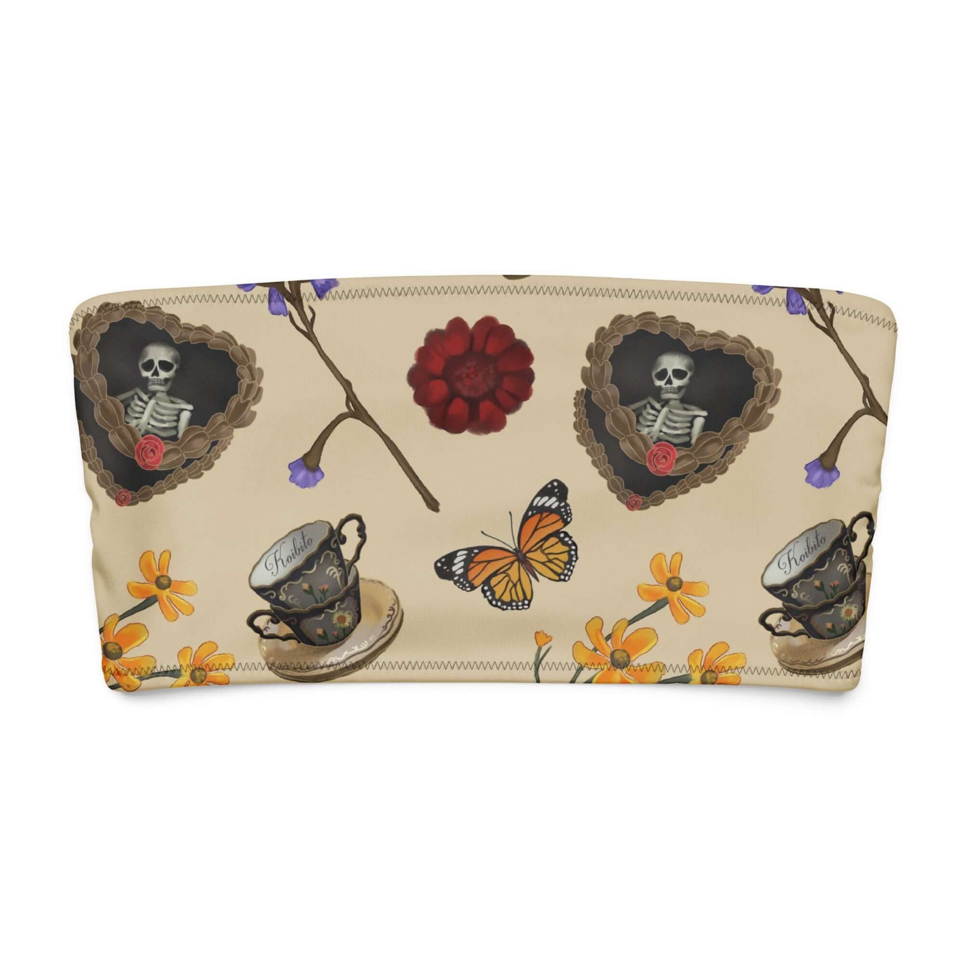 Gothic Tea Time bandeau bikini top with whimsical skeletons, teacups, butterflies, and flowers on a soft background.