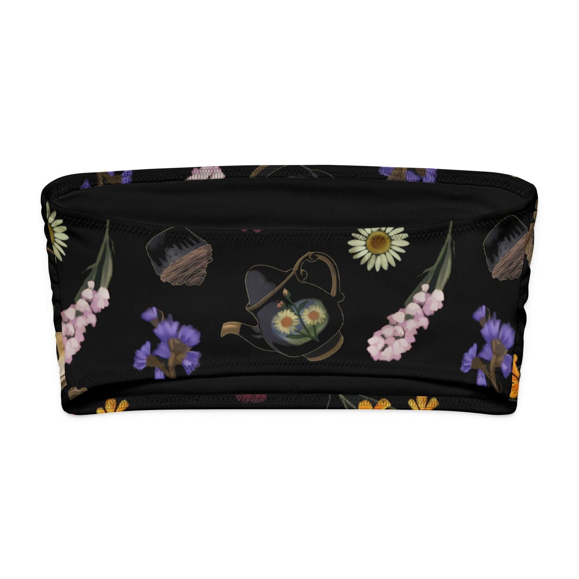 Gothic bandeau bikini top featuring floral patterns on a black background, perfect for stylish summer lounging.