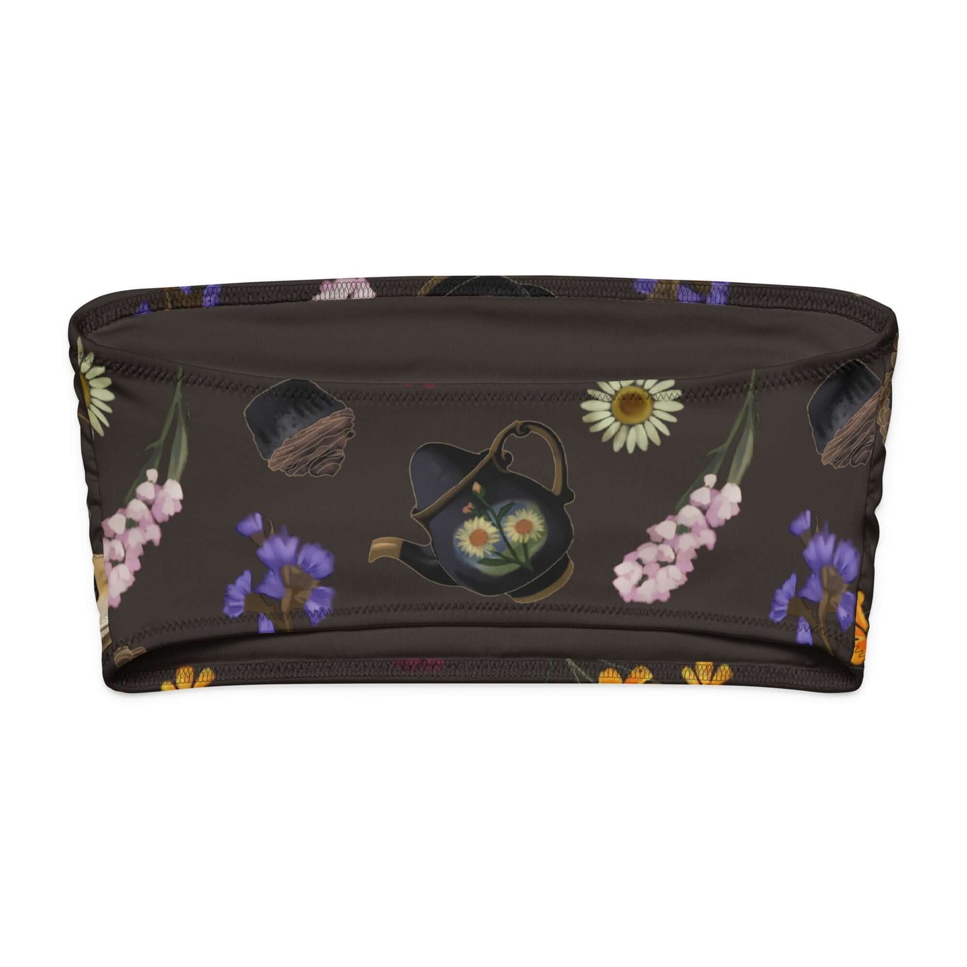 Gothic Tea Time bandeau bikini top featuring floral designs and a dark background, perfect for tanning or lounging.