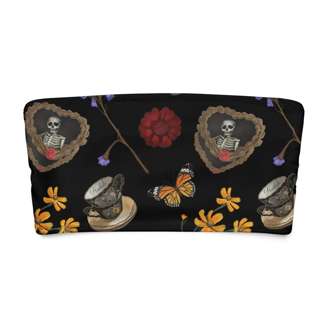 Gothic Tea Time bandeau bikini top featuring skeletons, butterflies, and floral designs on a black background.