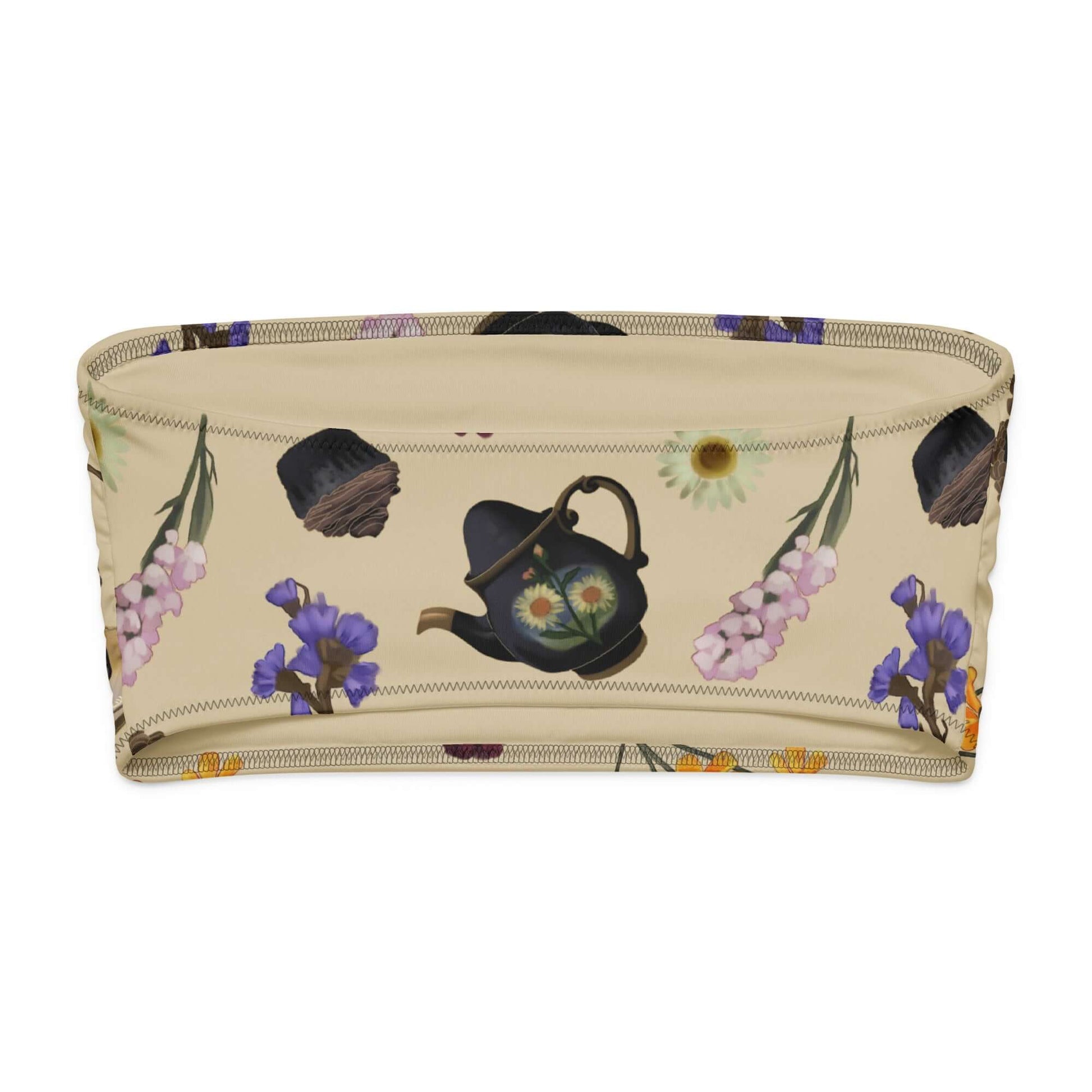 Gothic Tea Time bandeau bikini top with floral design and vintage teapot pattern, perfect for sunbathing or lounging.