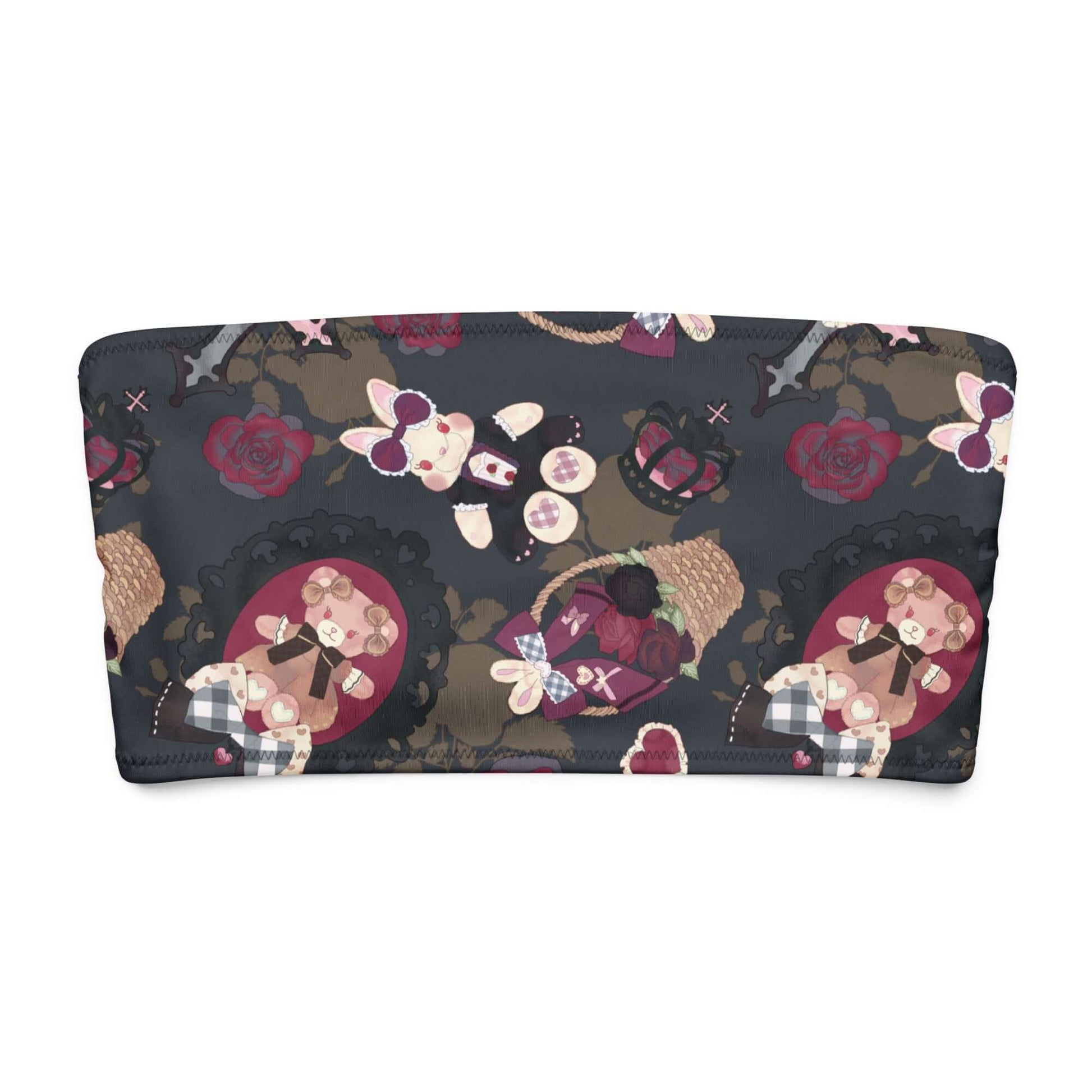 Gothic Teddy bandeau bikini top featuring whimsical patterns of bears and roses on a dark background.
