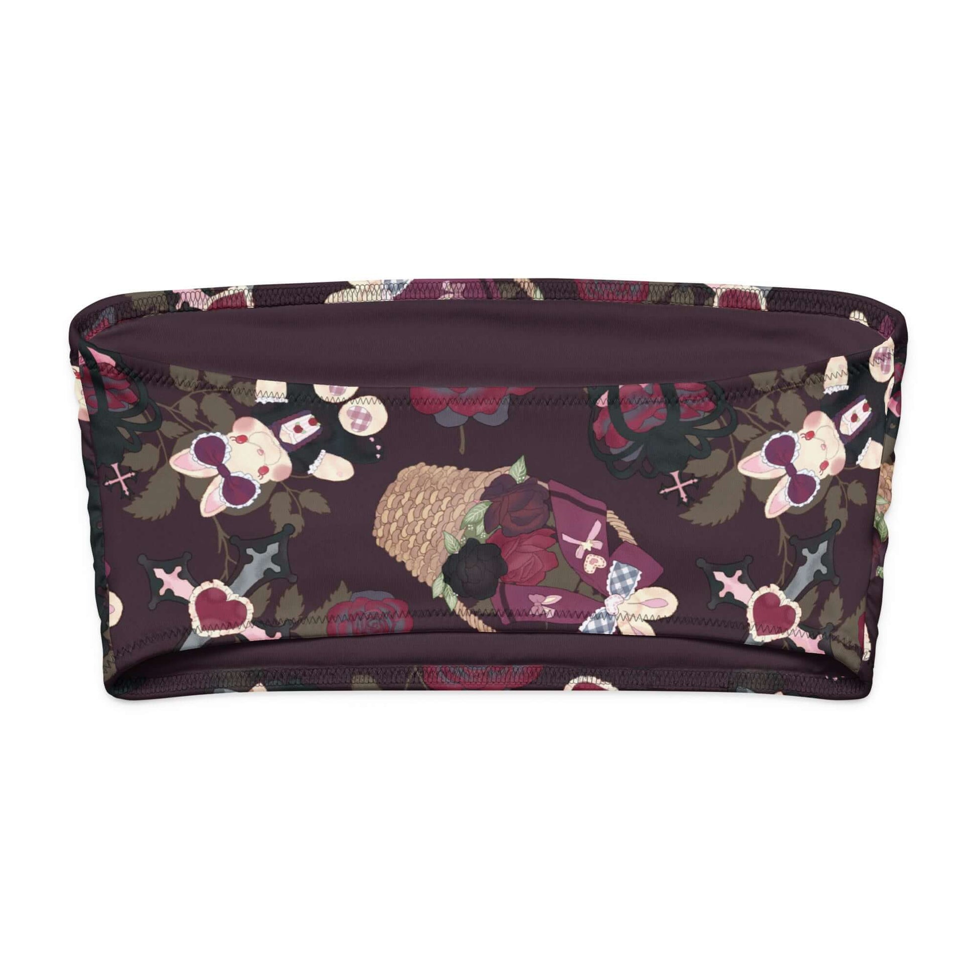 Gothic teddy bandeau bikini top featuring whimsical designs on deep burgundy background.