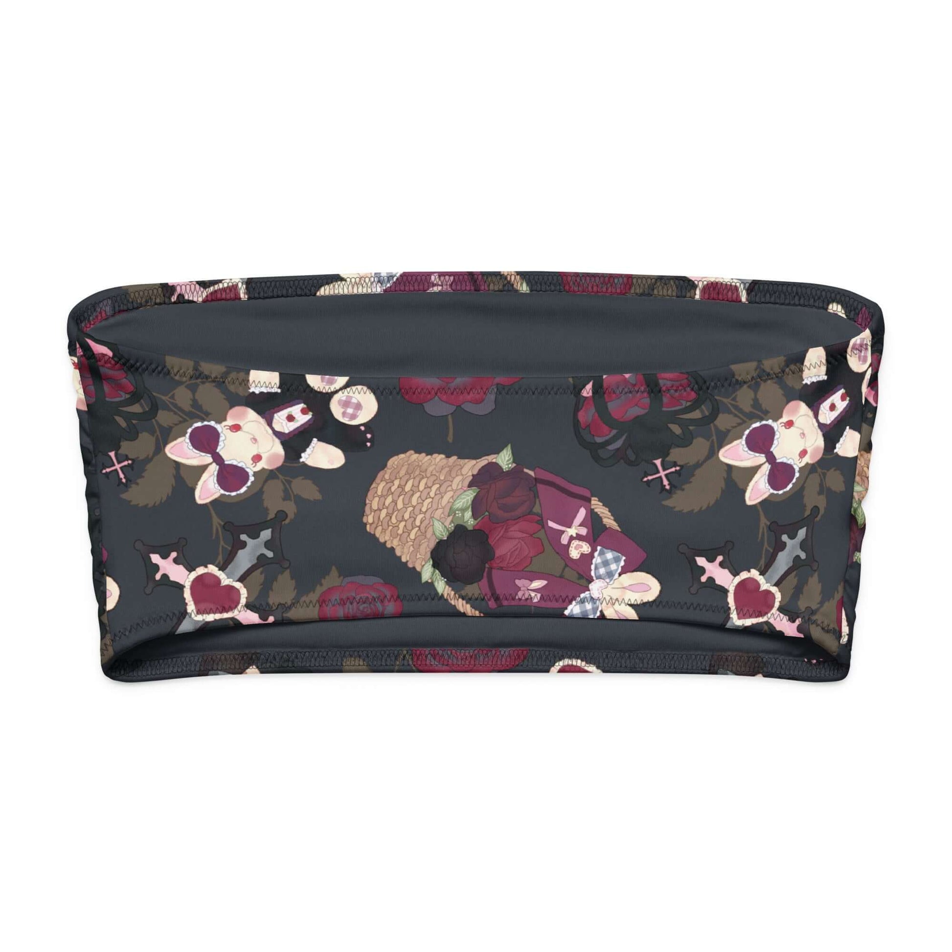 Gothic Teddy bandeau bikini top featuring a dark floral pattern with teddy bears and hearts.