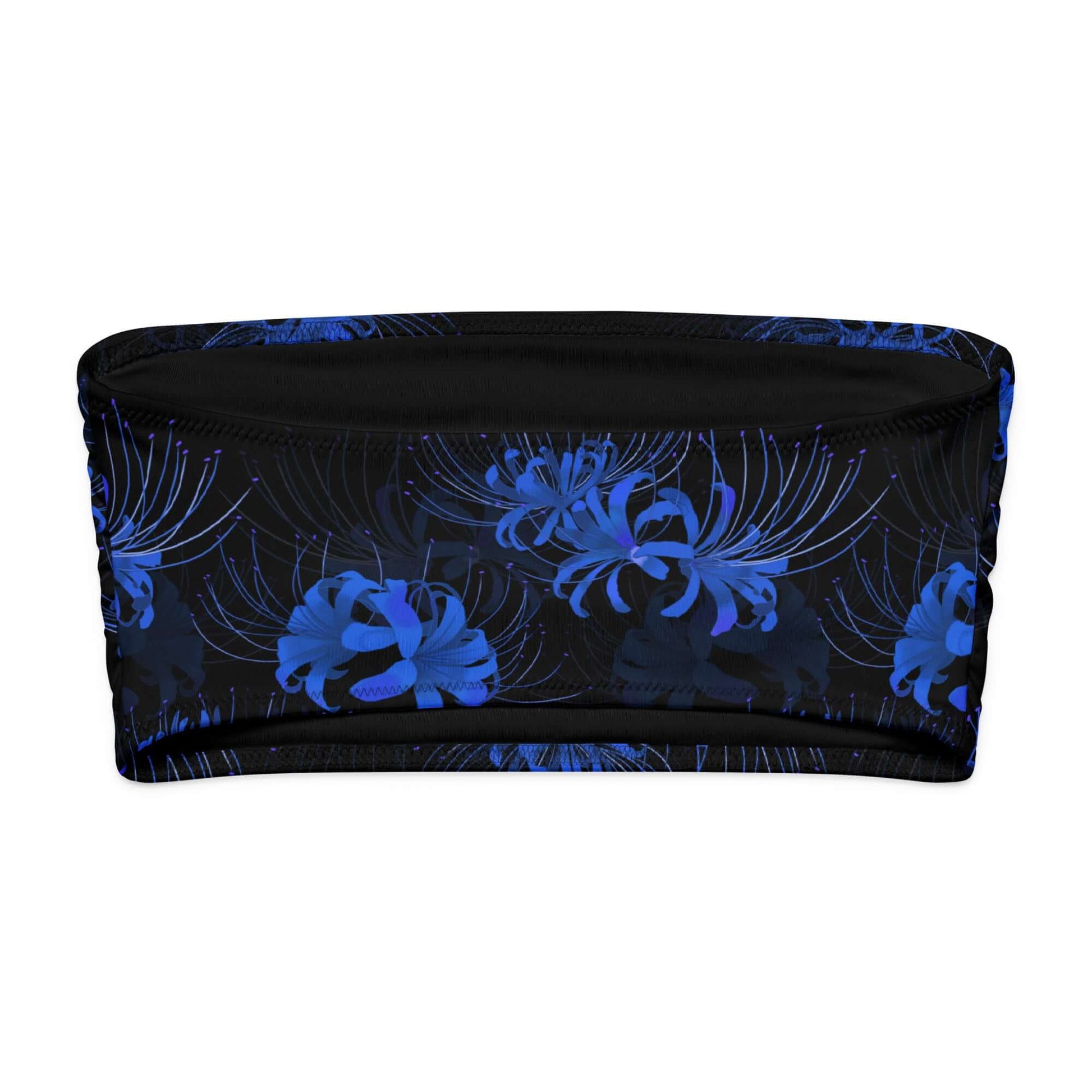 Higanbana bandeau bikini top in black with blue floral pattern, perfect for tanning and lounging.