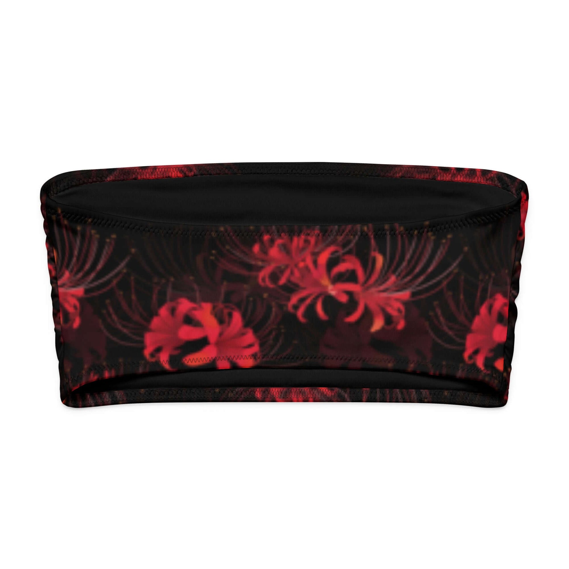 Higanbana bandeau bikini top with red floral design on a black background, perfect for tanning and lounging.