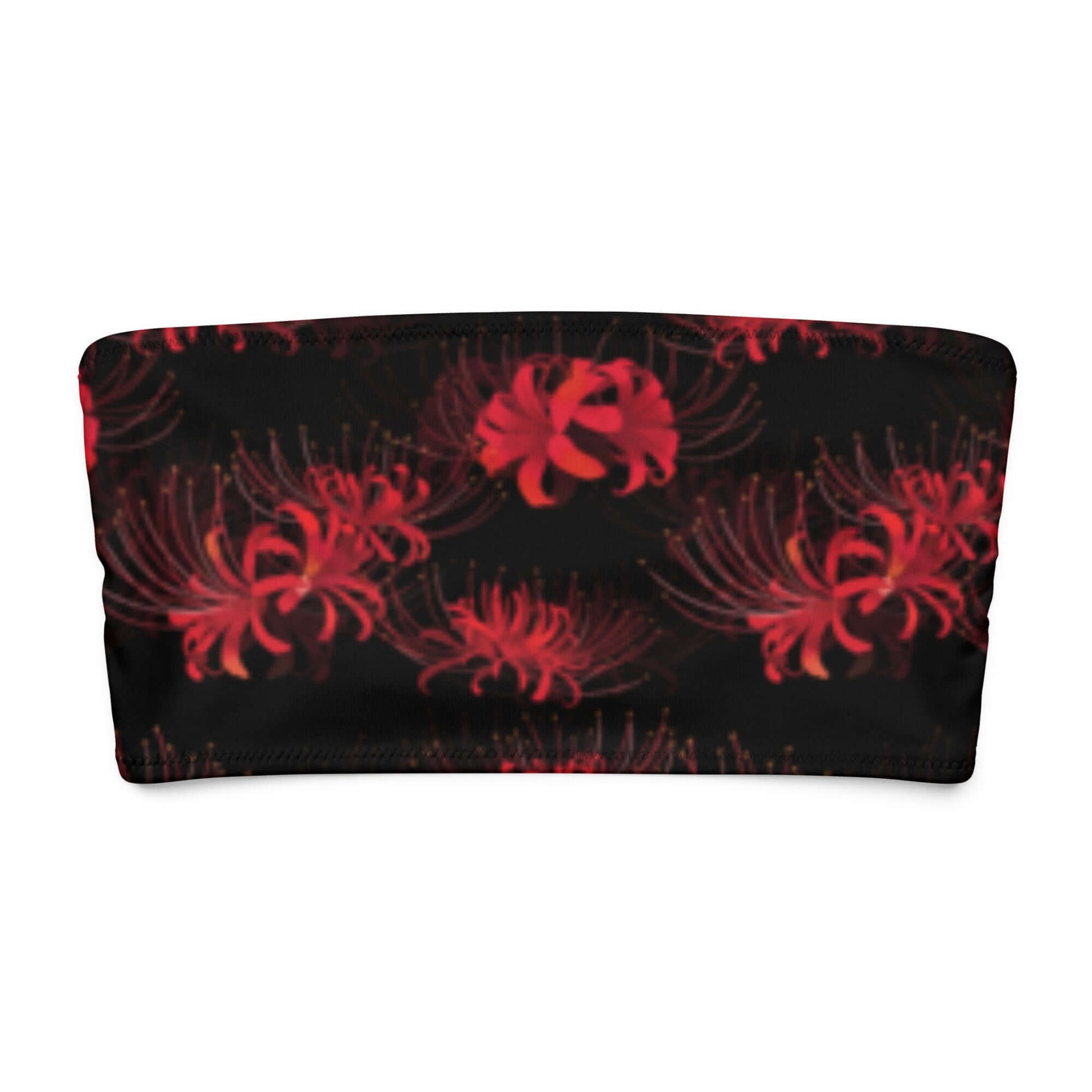 Higanbana bandeau bikini top featuring vibrant red floral design on a black background, perfect for stylish summer lounging.