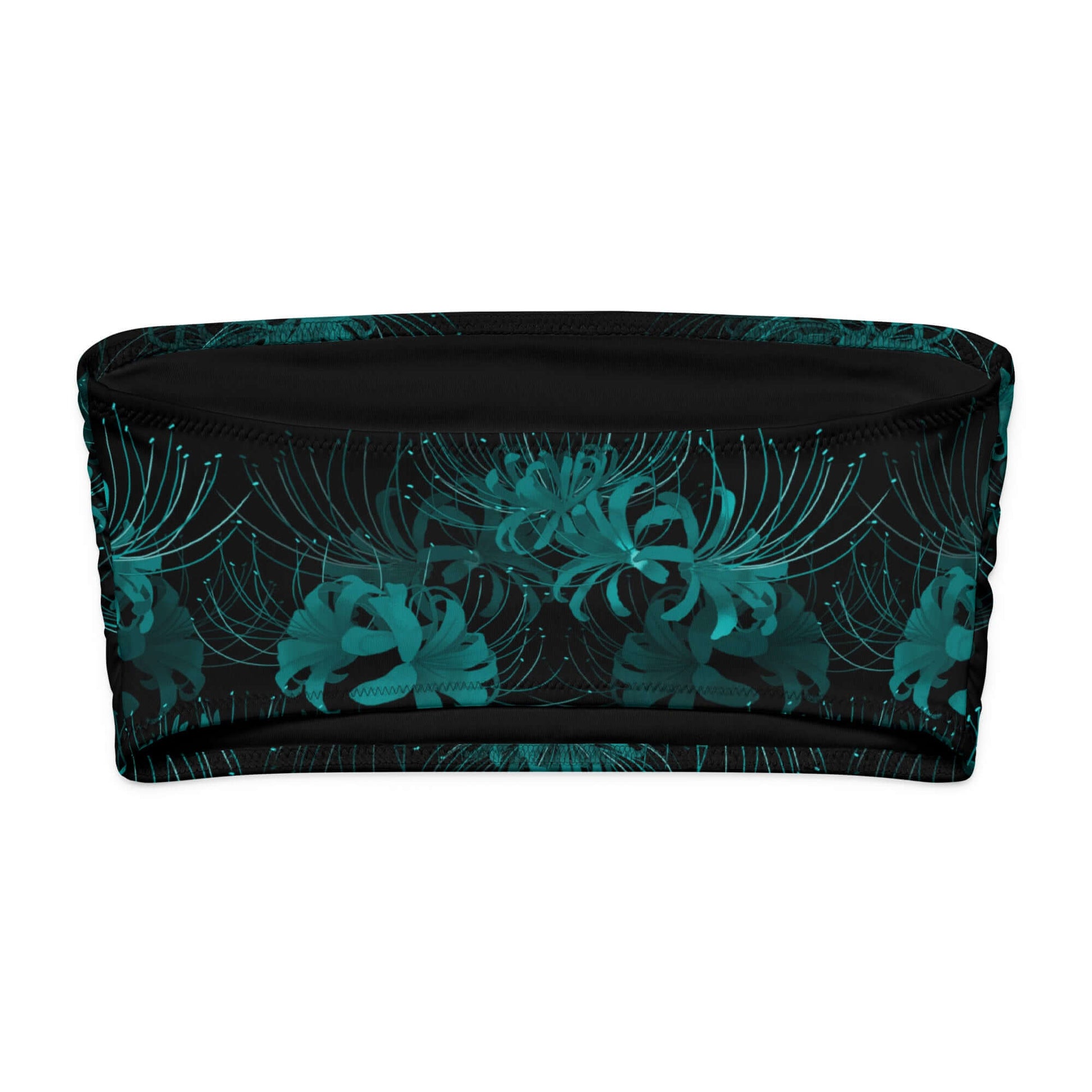 Higanbana bandeau bikini top in teal floral design, soft, strapless for comfort and UPF 50+ sun protection.