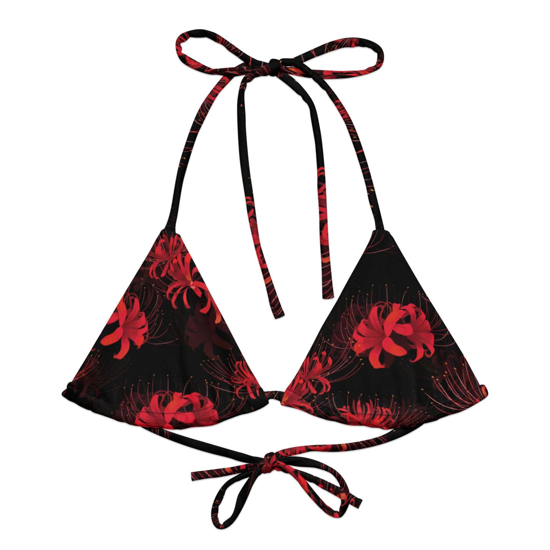 Stylish Higanbana Padded String Bikini Top in vibrant floral print, perfect for eco-friendly summer fun.