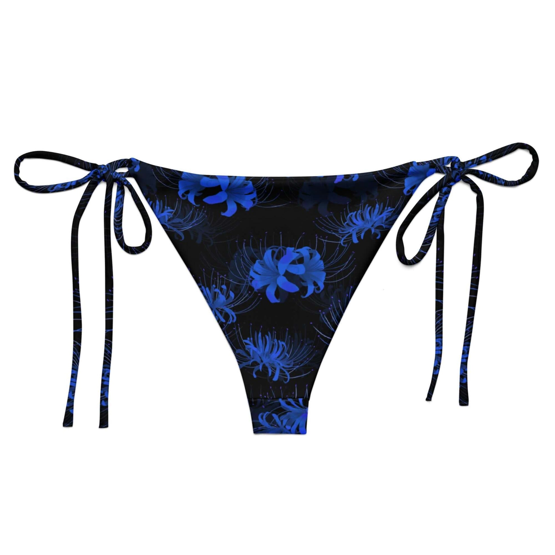 Stylish Higanbana String Bikini Bottom featuring blue floral design, perfect for sunbathing by the pool this summer.