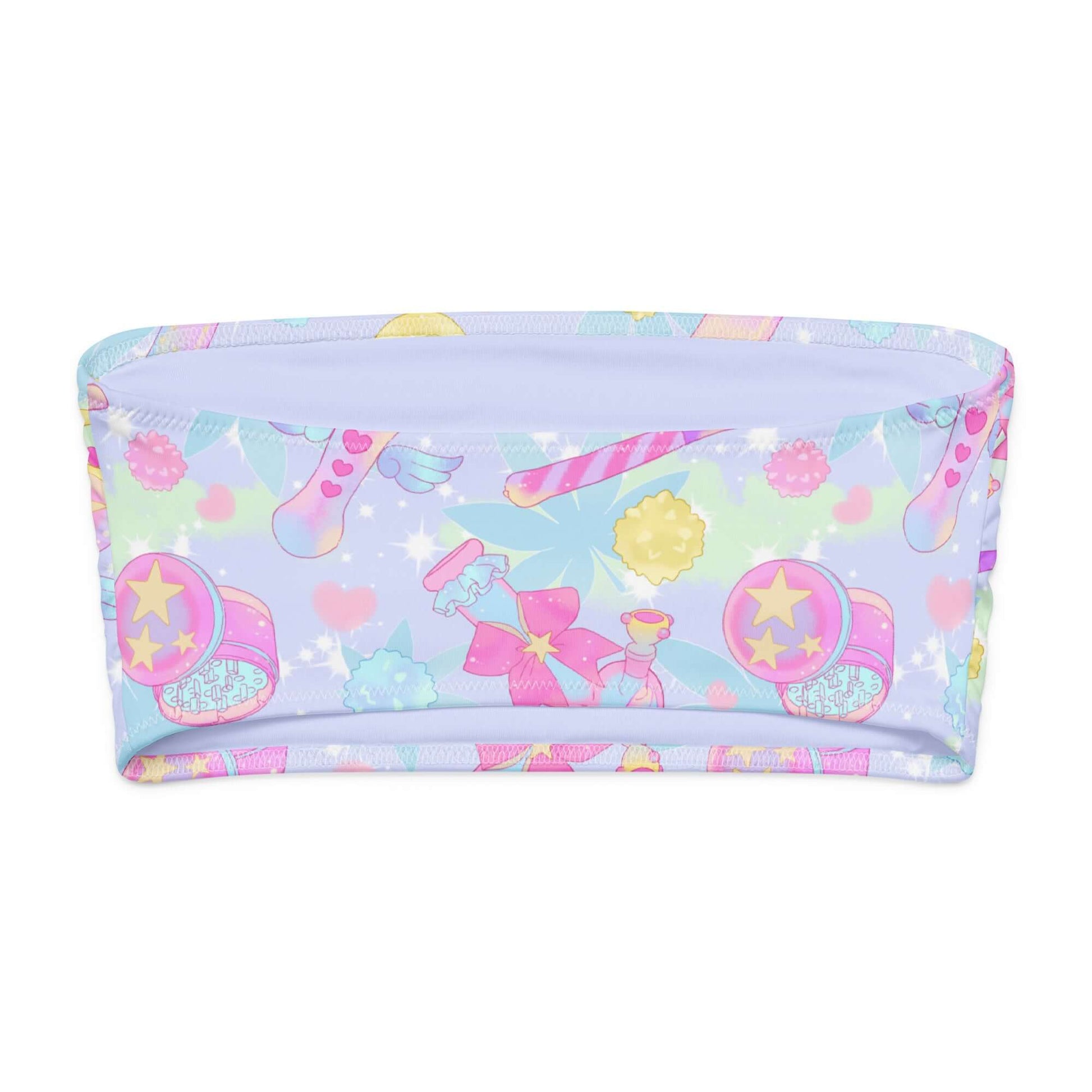 Indica Magica bandeau bikini top in pastel colors with whimsical patterns, perfect for beach days and lounging.