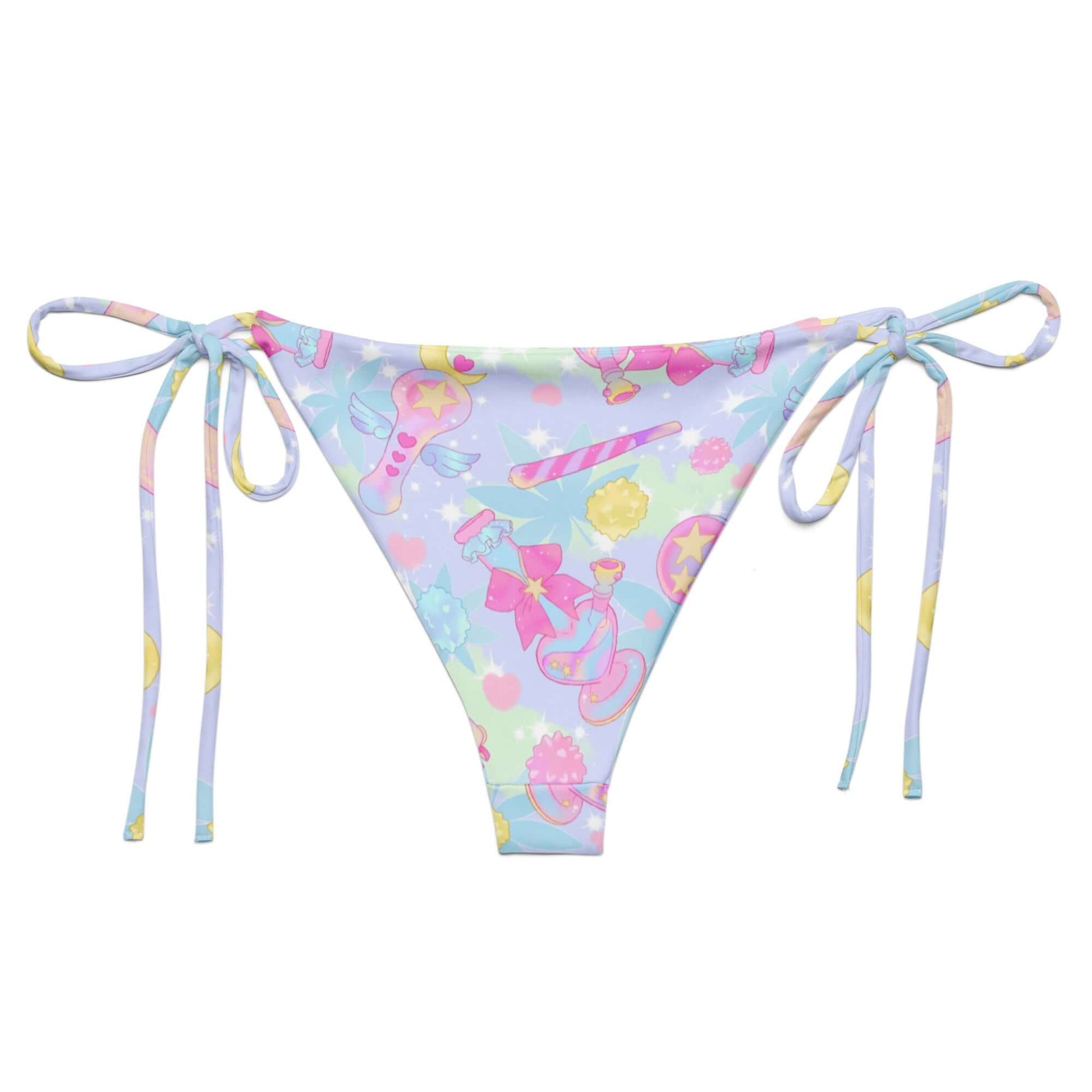 Colorful Indica Magica String Bikini Bottom featuring adjustable straps, perfect for poolside relaxation and sunbathing.