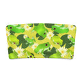 Colorful bandeau bikini top featuring playful green frogs and lily pads on a bright yellow background.
