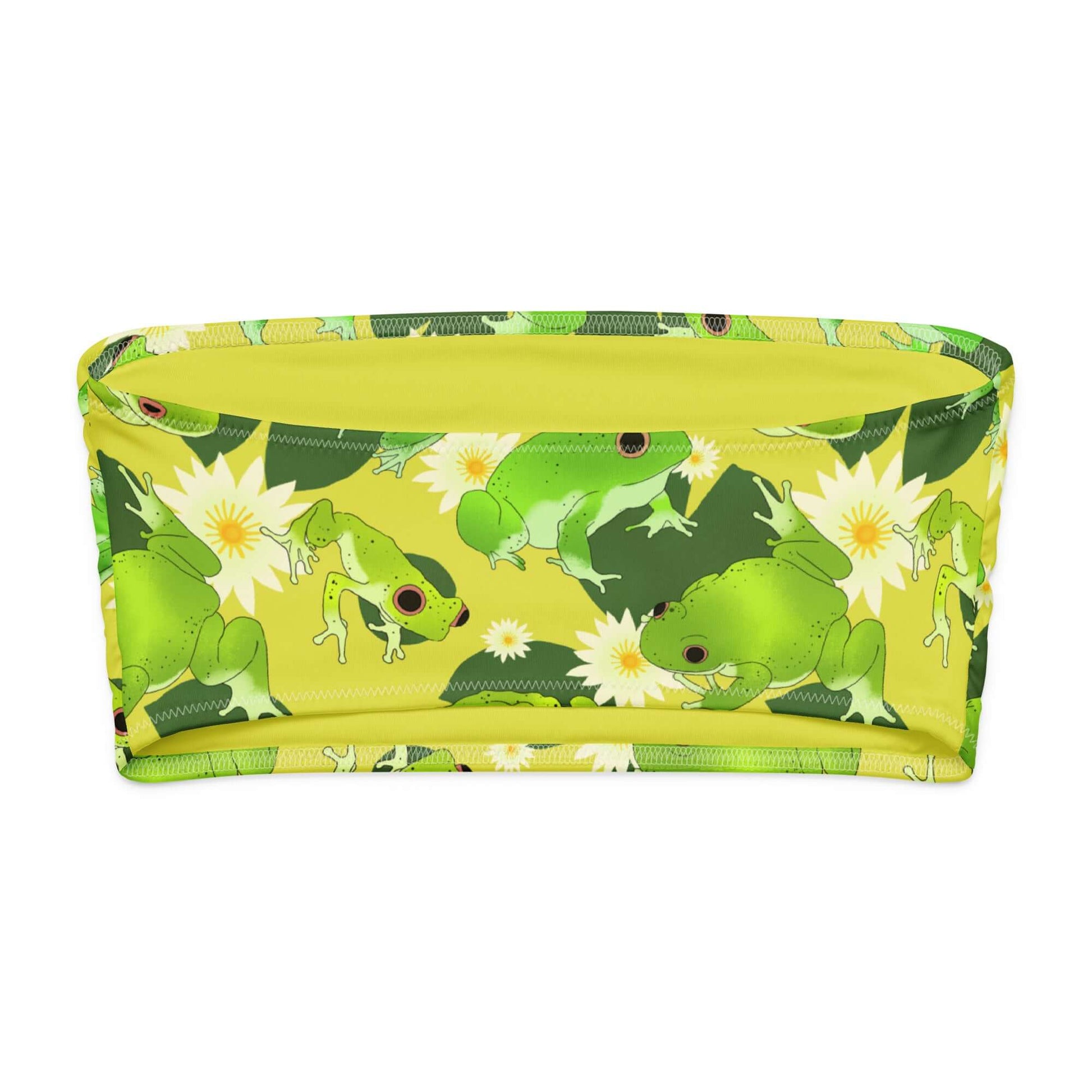 Kero-kero bandeau bikini top featuring playful frog and lily pad pattern, perfect for summer fun!