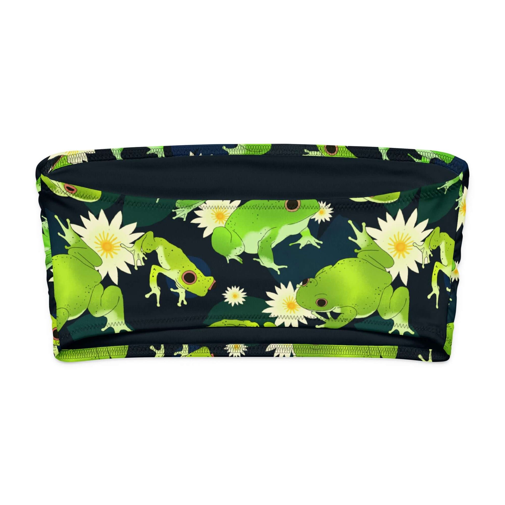Kero-kero bandeau bikini top featuring vibrant green frogs and flowers on a dark background.