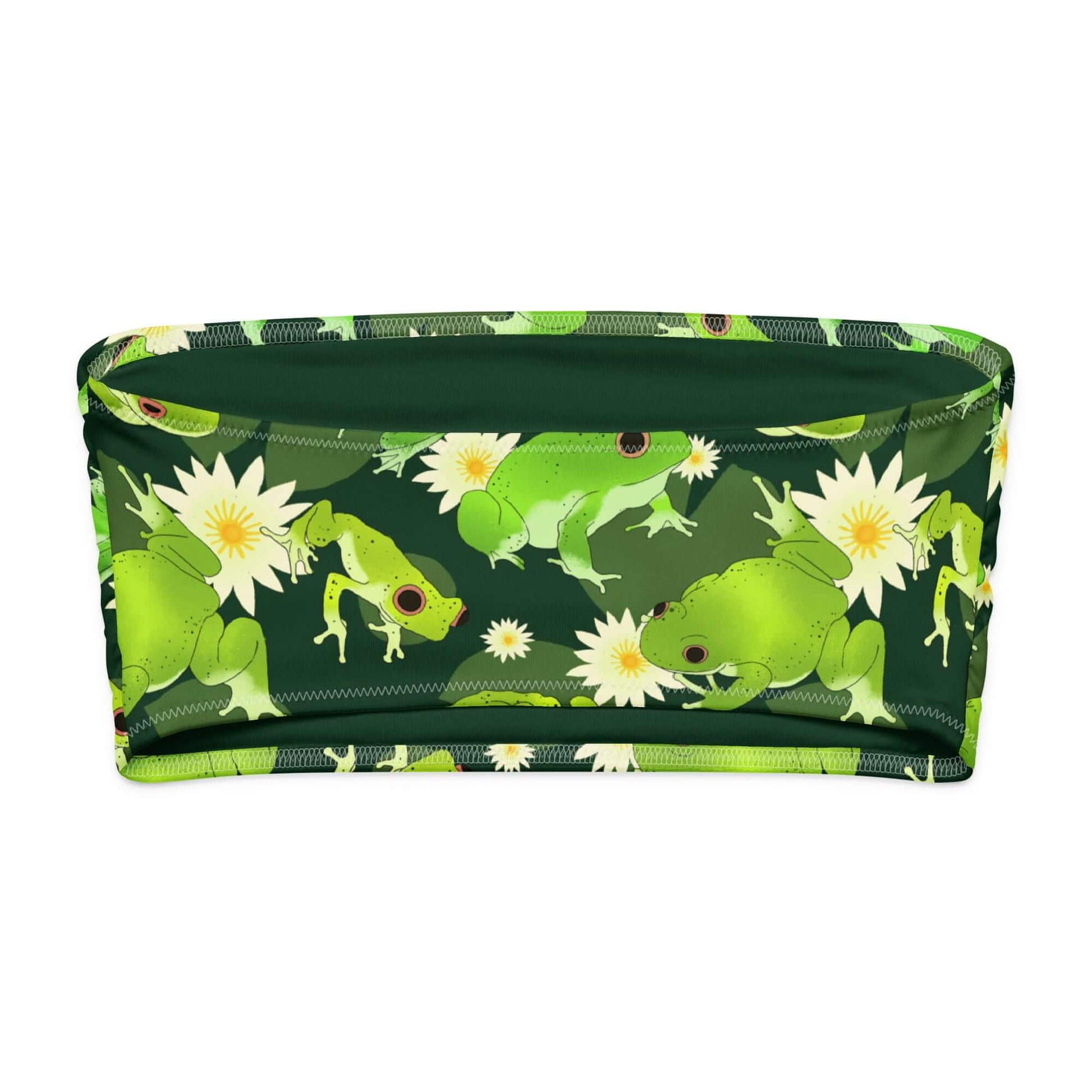 Kero-kero bandeau bikini top with frog and water lily pattern, soft and stylish for beach lounging.