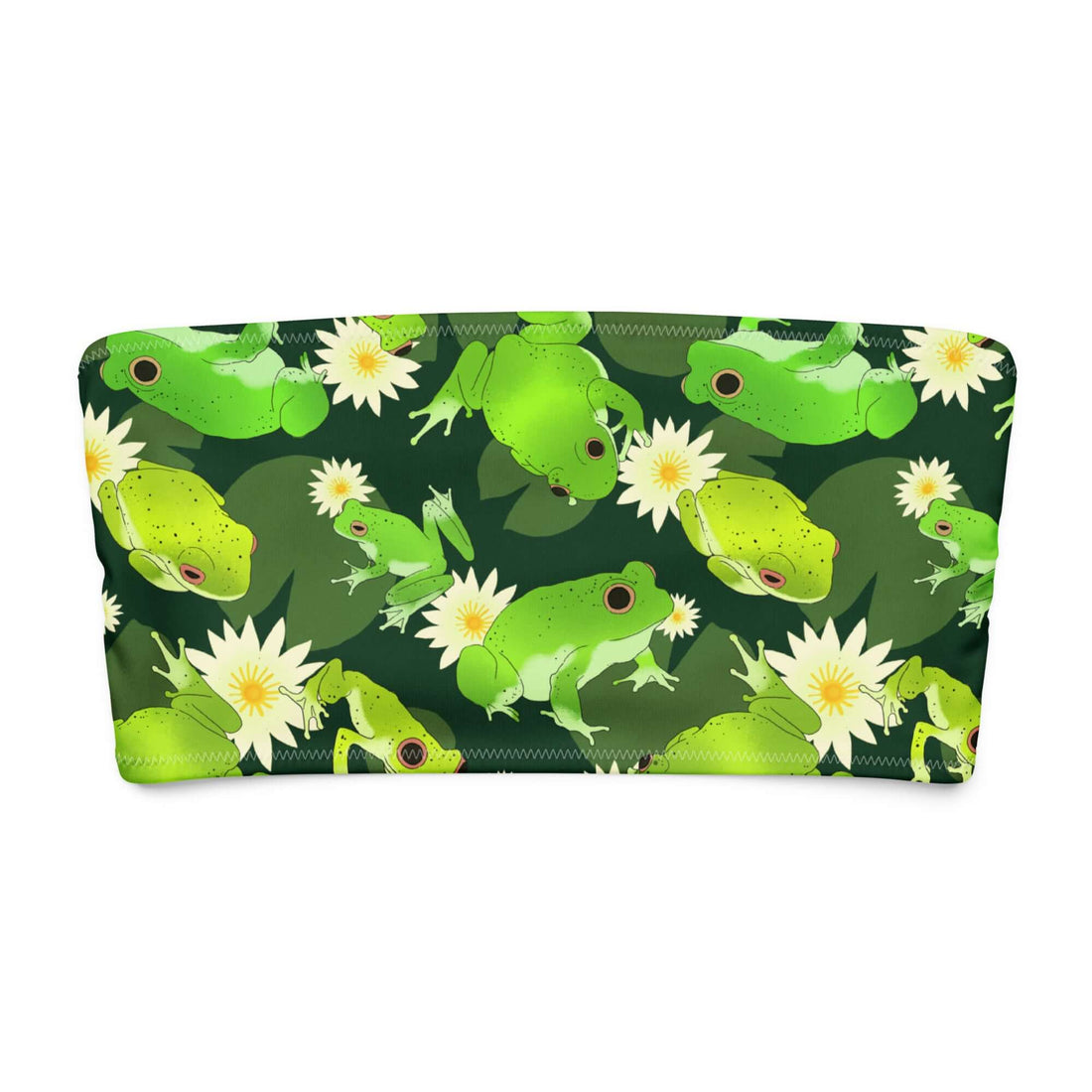 Kero-kero bandeau bikini top with playful green frog and lily pad print, perfect for summer lounging and tanning.