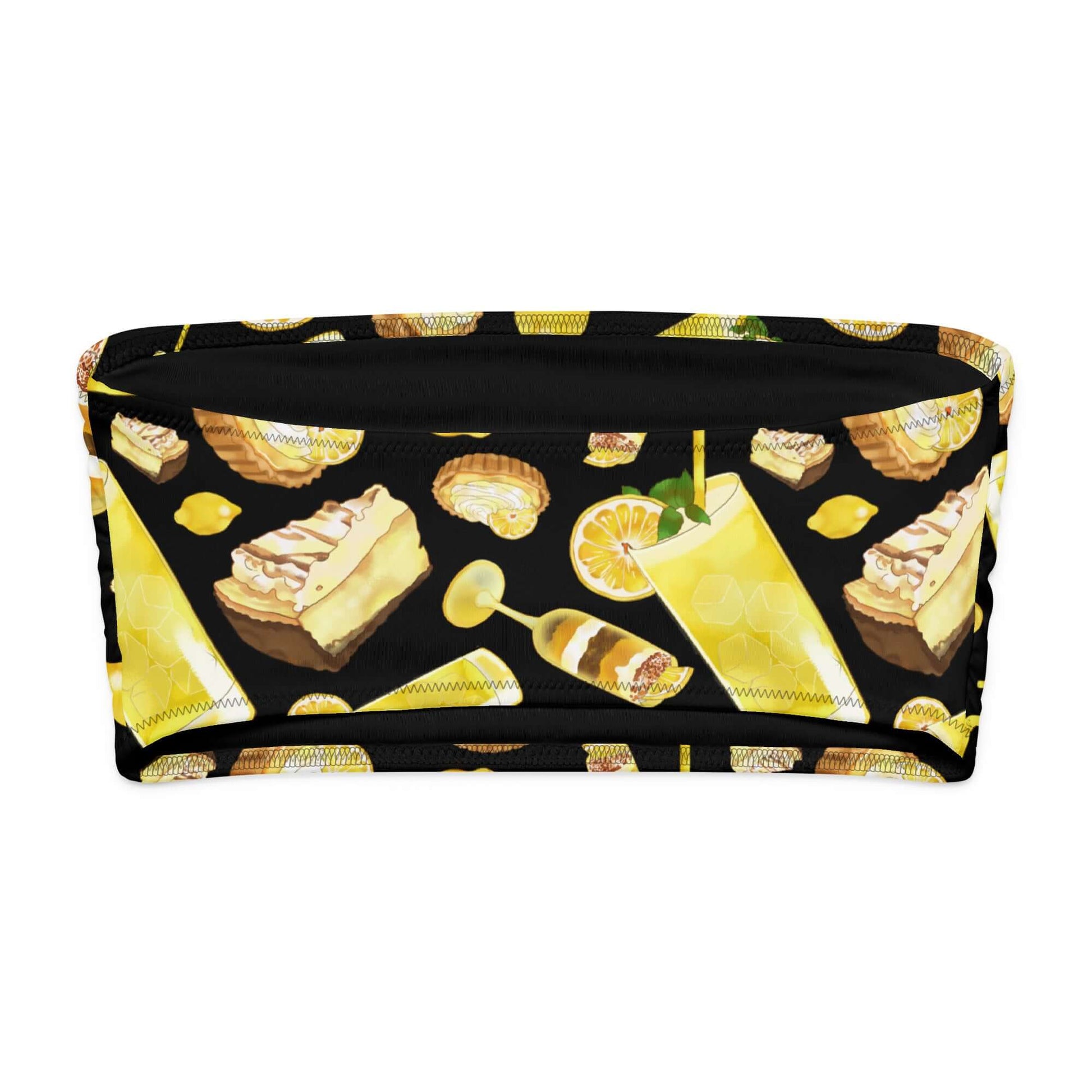 Lemon-themed bandeau bikini top featuring delicious desserts and drinks on a black background.