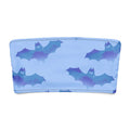 Lilith bandeau bikini top featuring a fun bat and cloud print on a light blue background.