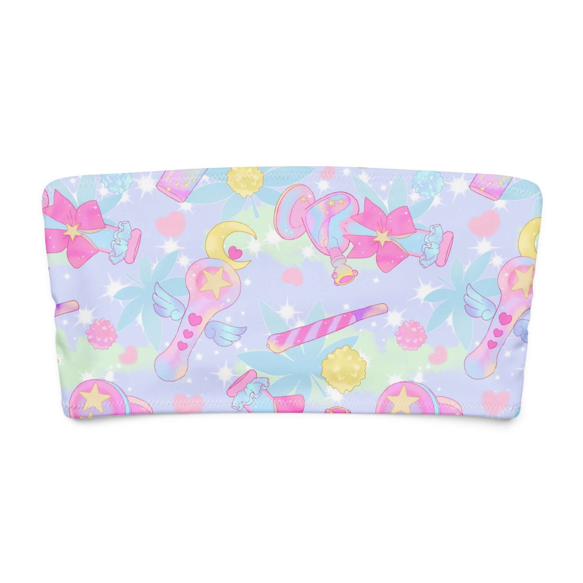 Colorful bandeau bikini top featuring whimsical pastel patterns of stars, wands, and flowers on a light background.