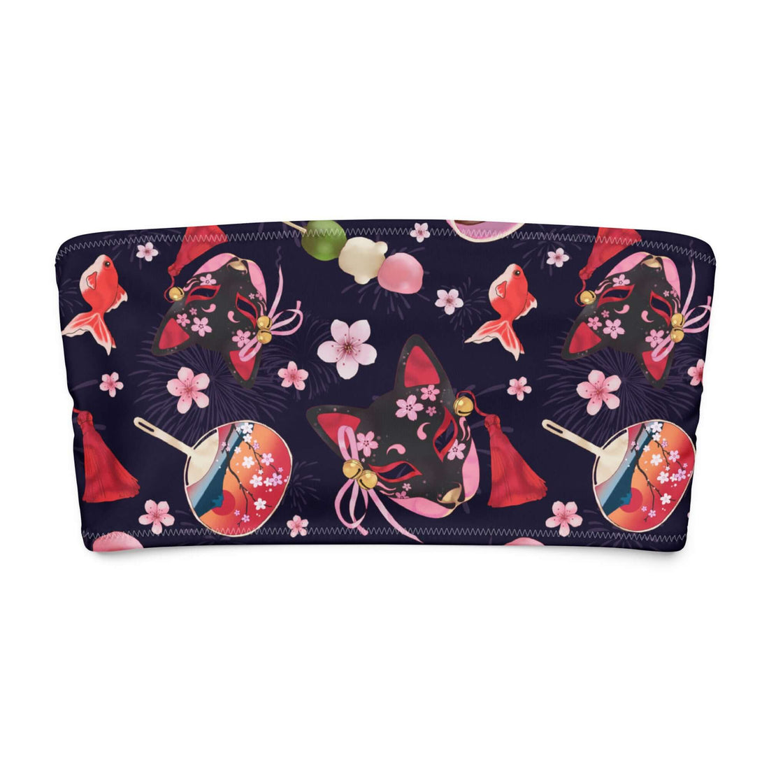 Colorful Matsuri bandeau bikini top featuring playful patterns of foxes, cherry blossoms, and traditional Japanese motifs.