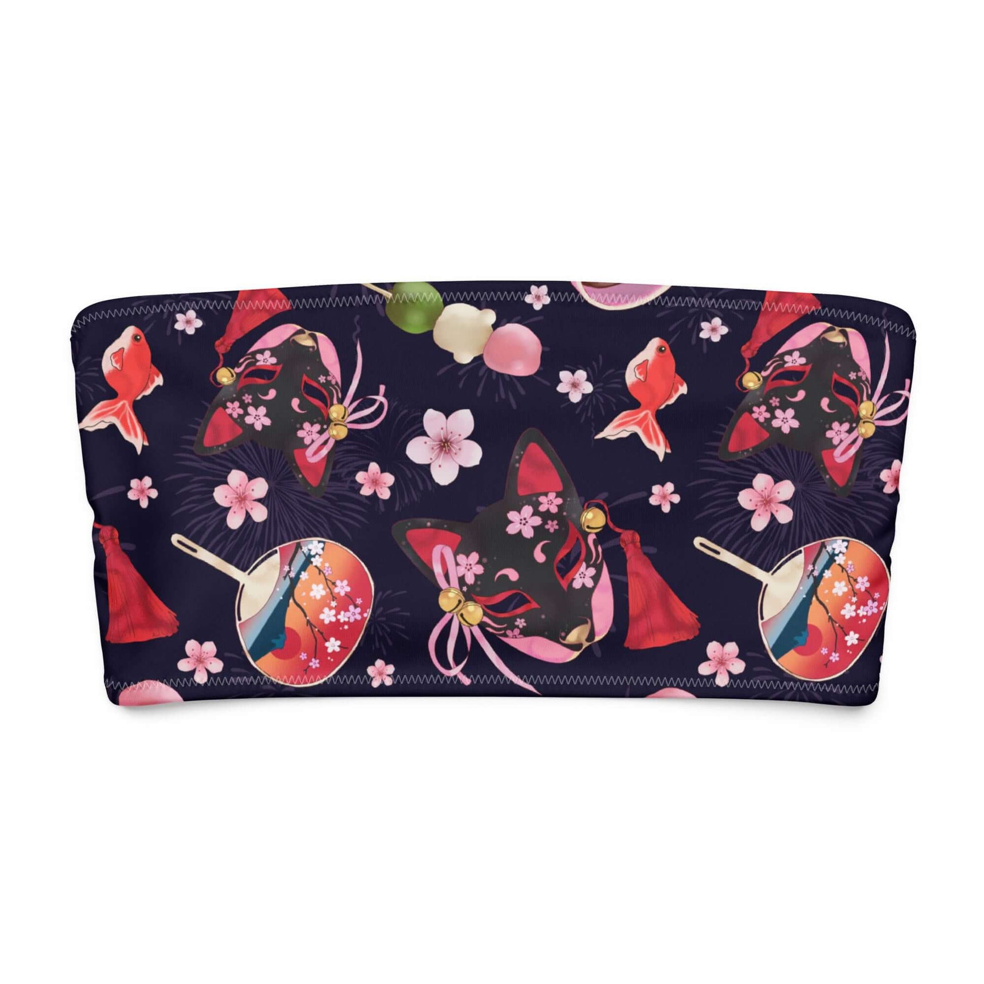 Colorful Matsuri bandeau bikini top featuring playful patterns of foxes, cherry blossoms, and traditional Japanese motifs.
