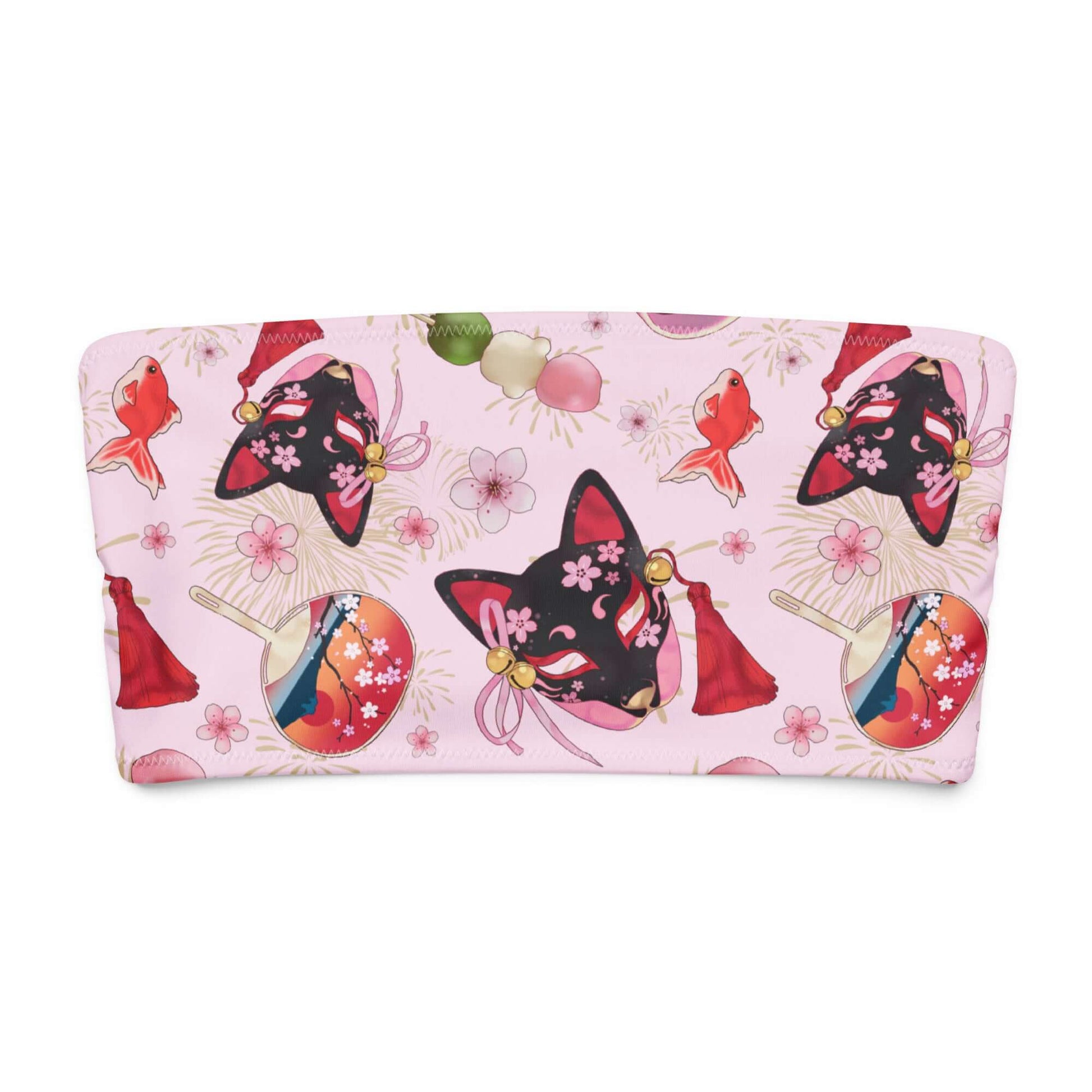 Matsuri bandeau bikini top with colorful cat and traditional Japanese elements on a pink background.