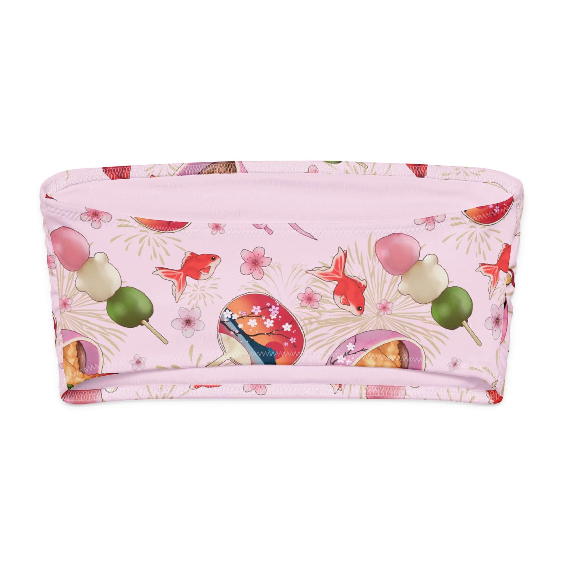 Matsuri Bandeau Bikini Top featuring a playful pink design with goldfish, sweets, and floral patterns.