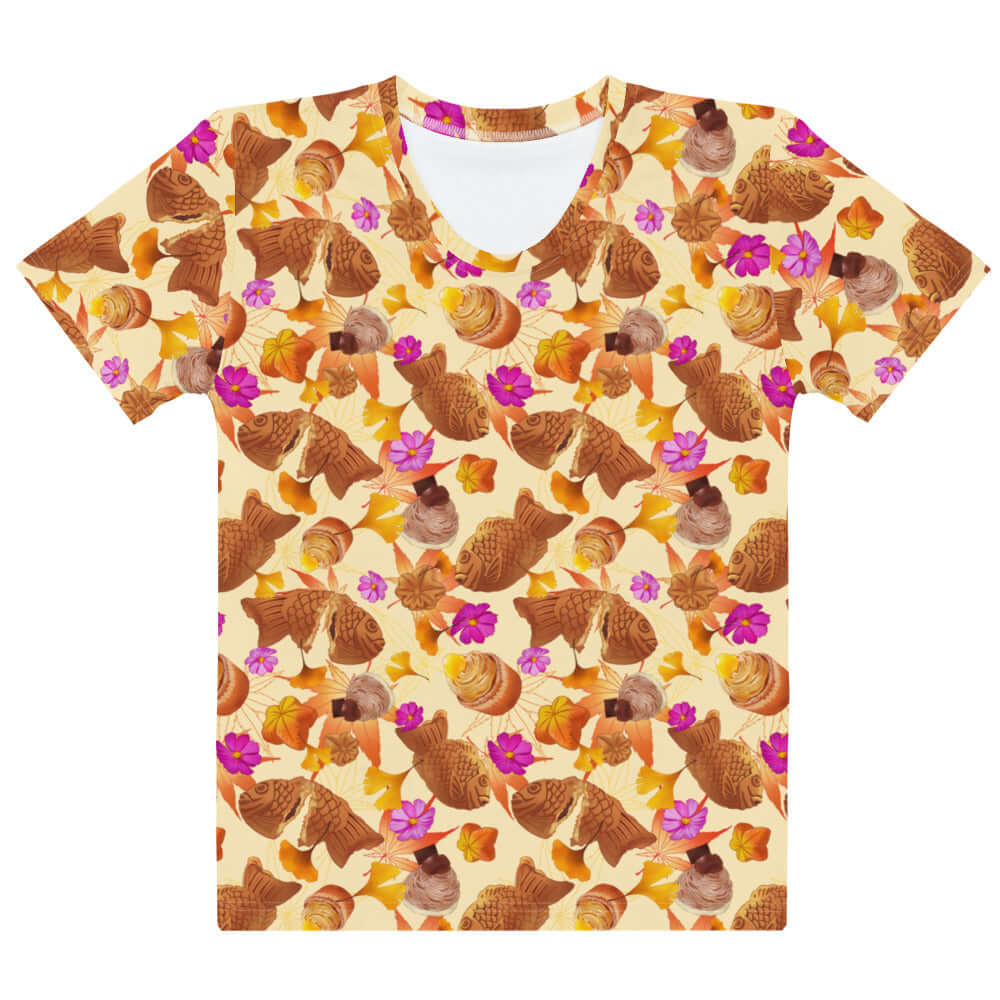 Eye-catching Momiji T-shirt features warm tones and pink accents, perfect for fall comfort and style.