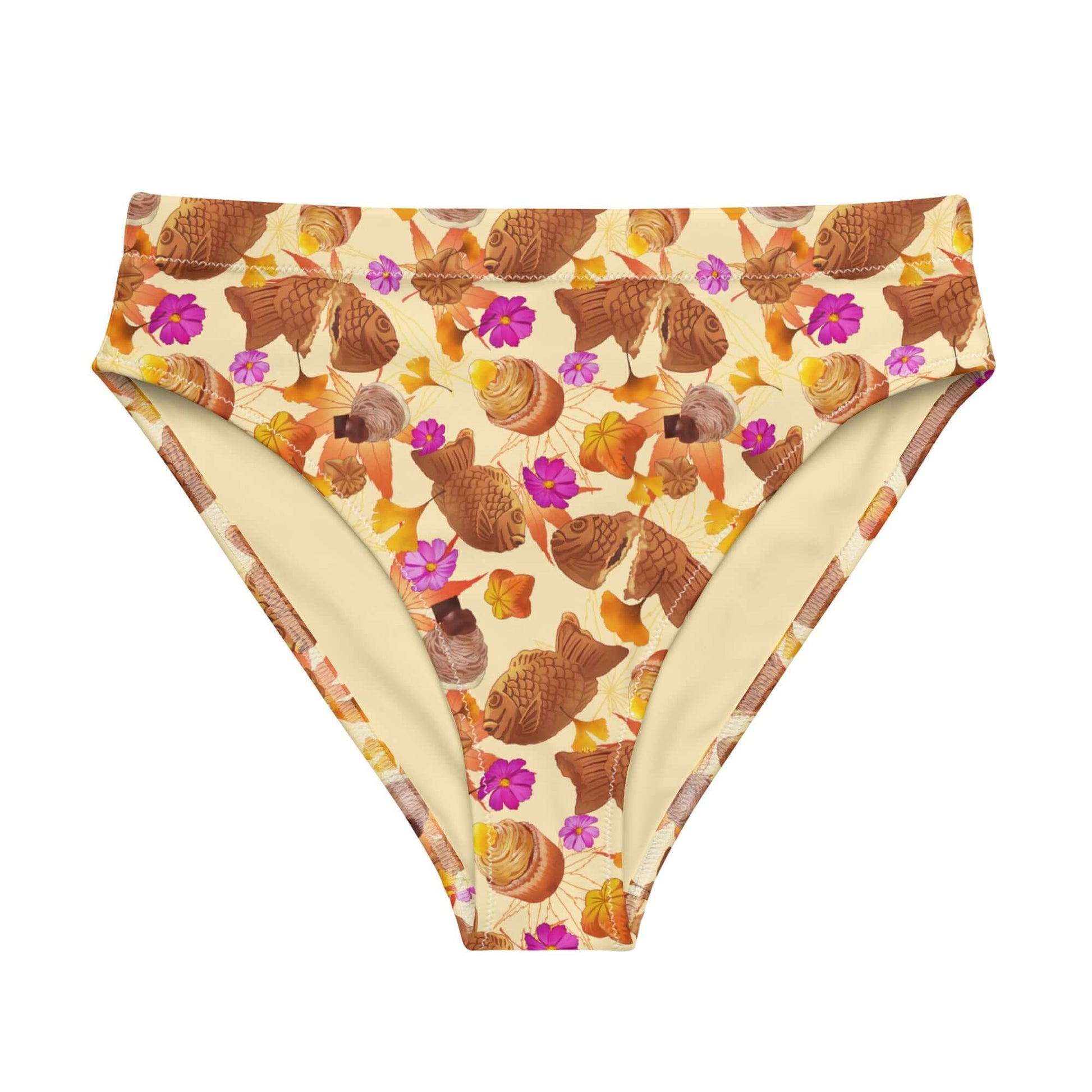Momiji High-waisted Bikini Bottom features a vibrant fall print, perfect for seasonal beach outings and comfort.