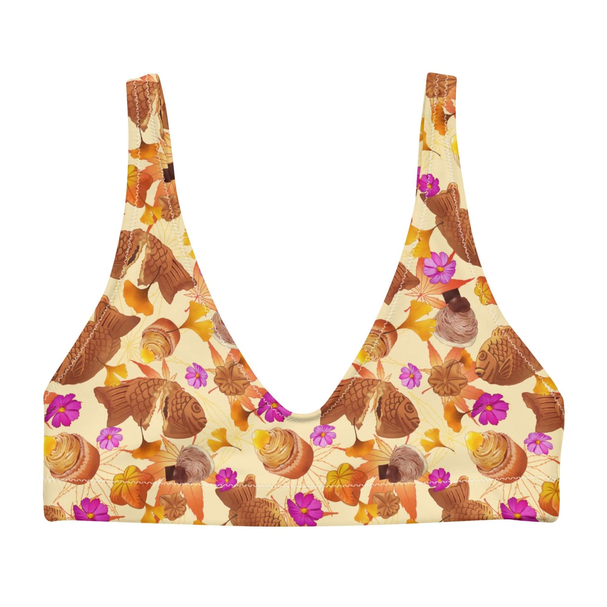 Stylish Momiji Padded Bikini Top featuring a festive fall print, perfect for your gym adventures this season.