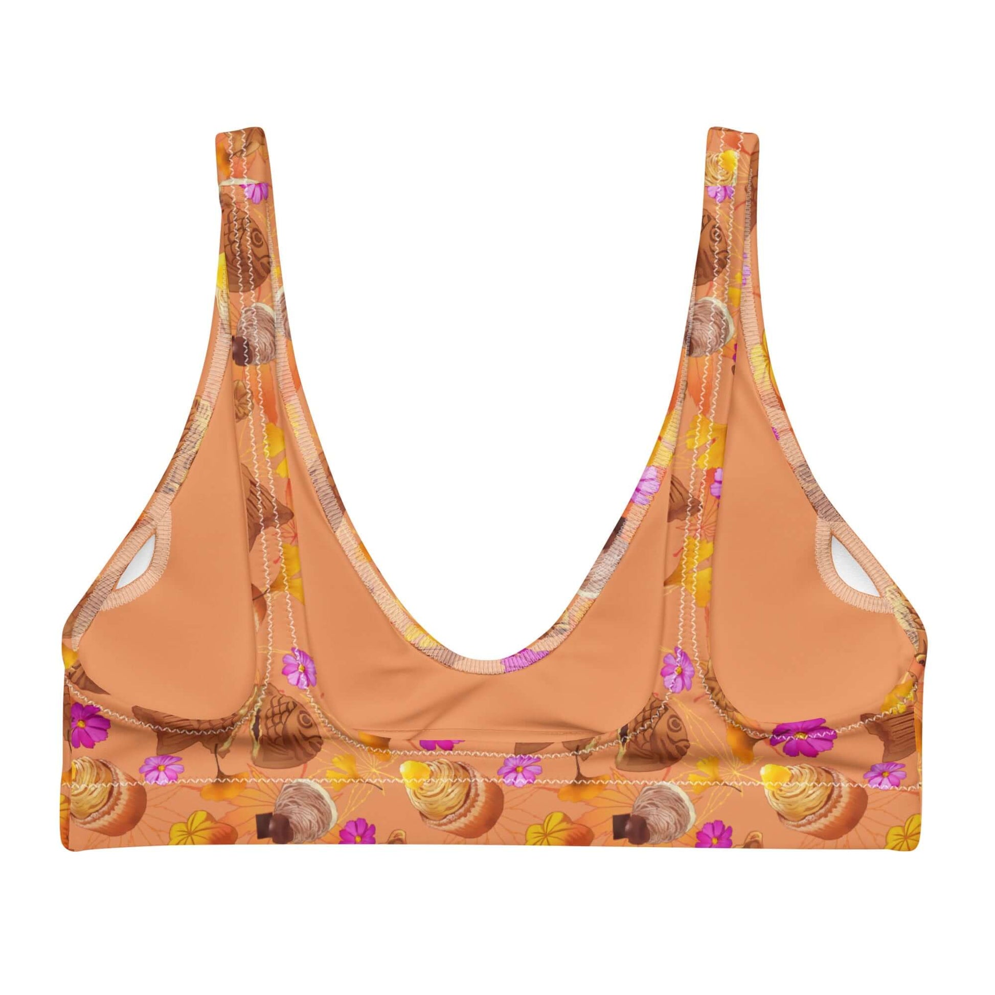 Stylish Momiji Padded Bikini Top features a vibrant fall-inspired print, perfect for beach or gym adventures.