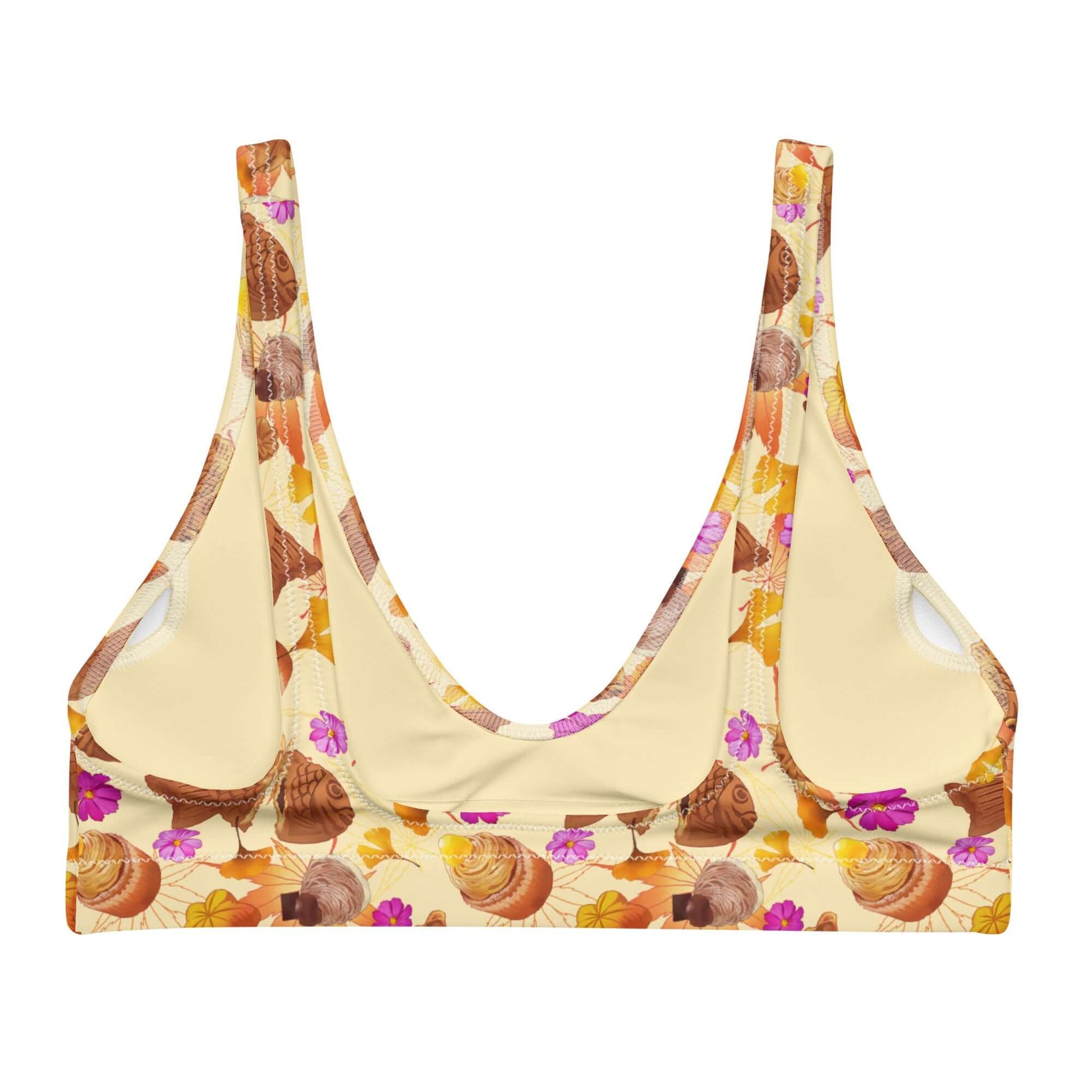 Stylish Momiji Padded Bikini Top features a vibrant fall print, perfect for gym sessions and beach days alike.