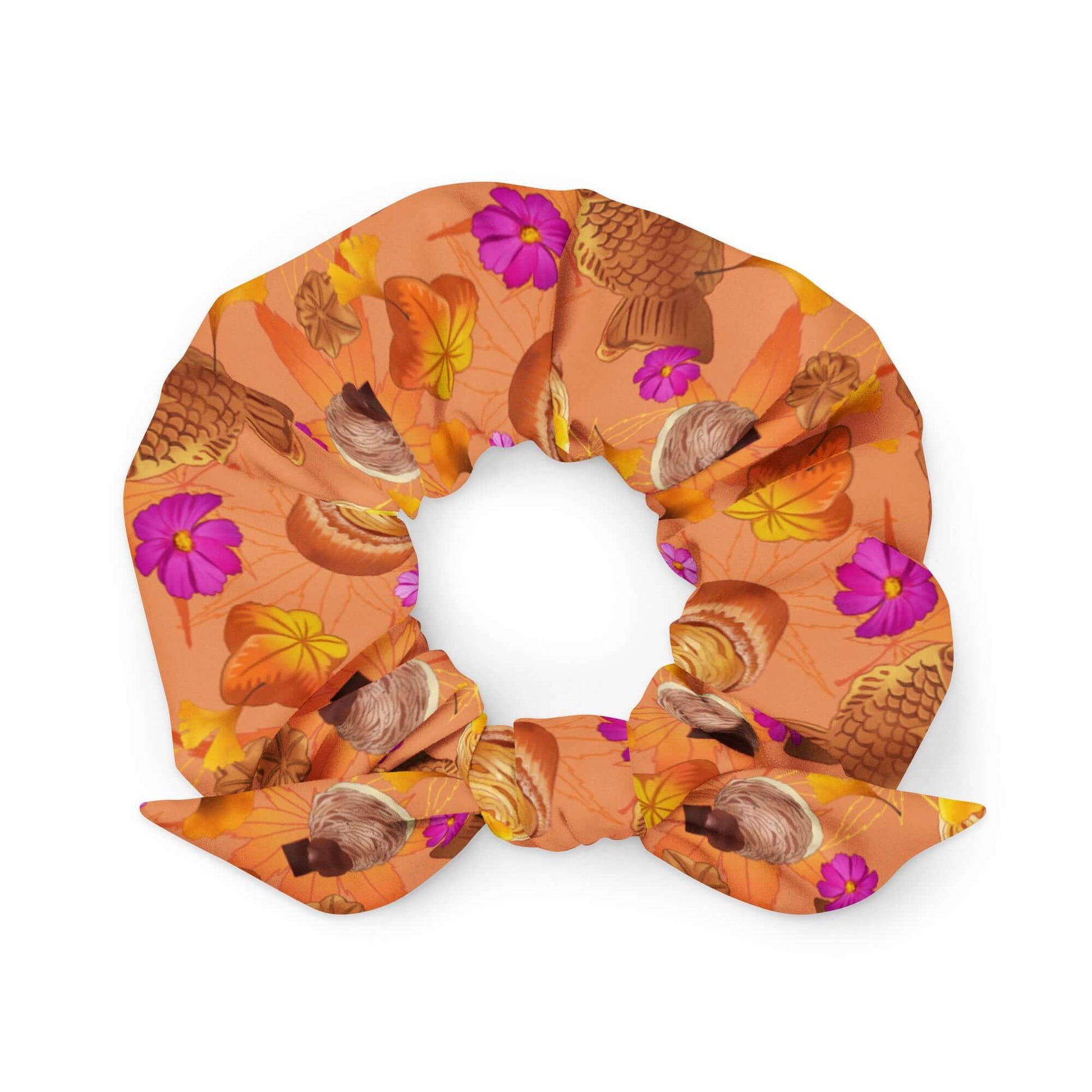 Stylish Momiji Scrunchie adorned with vibrant leaves and treats, perfect for elevating your look!