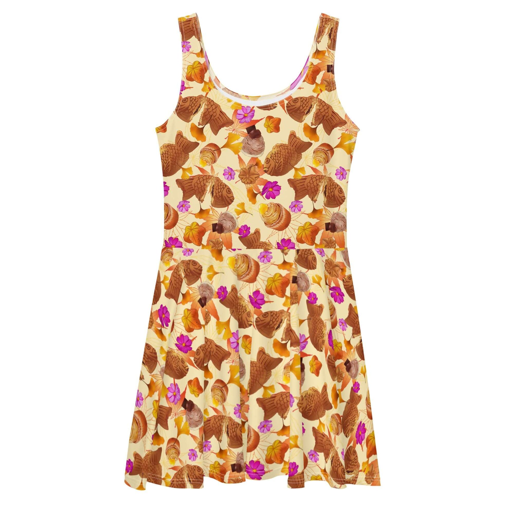 Momiji Skater Dress showcasing warm tones and pink accents, perfect for fall occasions with a flared skirt design.