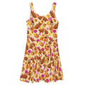 Vibrant Momiji Skater Dress with warm tones and floral design, perfect for fall occasions and stylish outings.